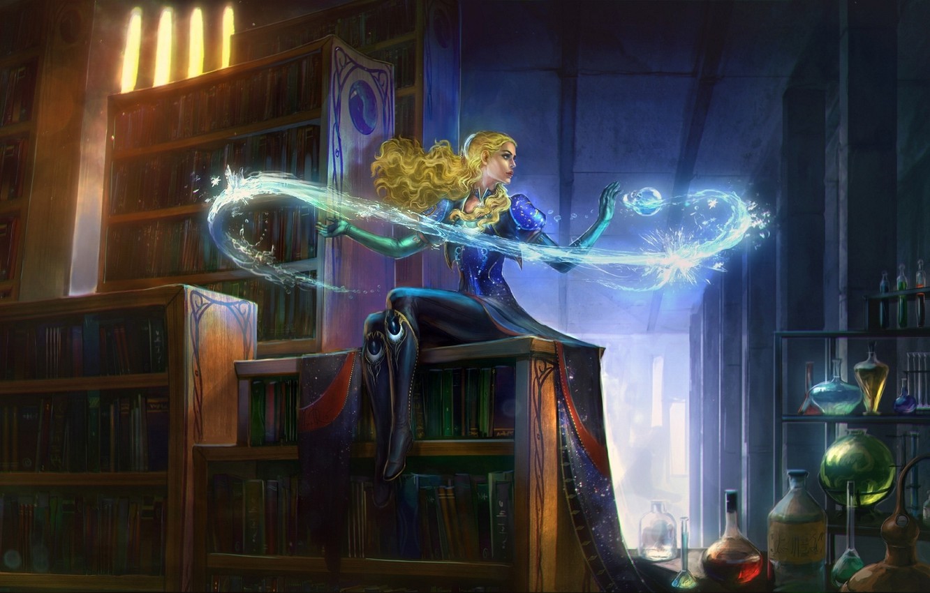 Wallpaper ice, girl, magic, figure, books, fantasy, art, blonde, girl, ice, library, fantasy, magic, art, shelves, blonde image for desktop, section фантастика