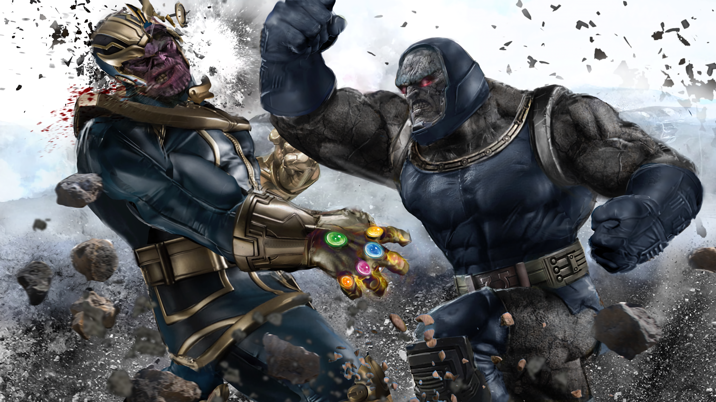 Download 2400x1350 Thanos, Darkseid, Crossover, Marvel, Dc Universe, Comics Wallpaper