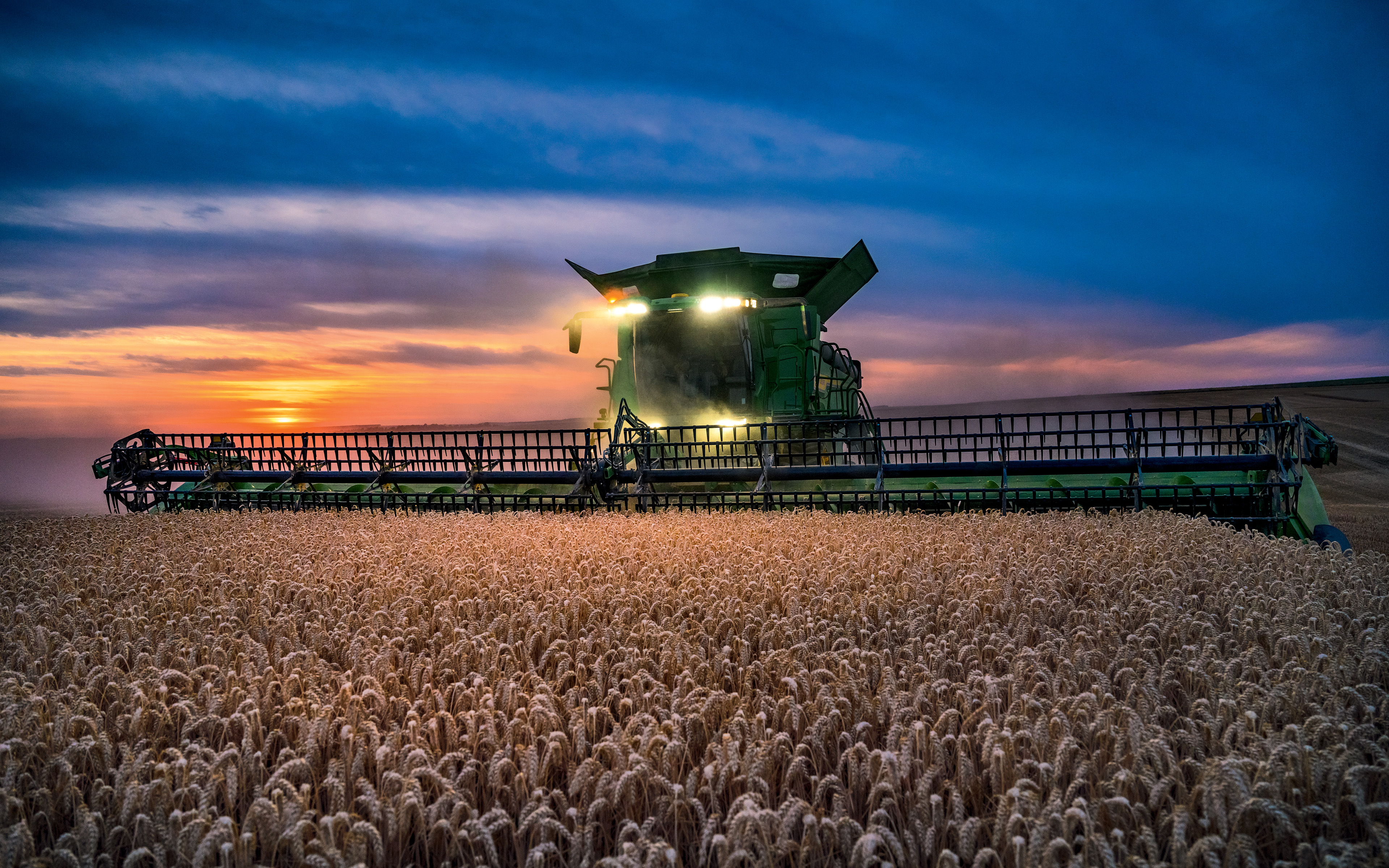 Download wallpaper 4k, John Deere X sunset, combine harvester, 2021 combines, wheat harvest, harvesting concepts, John Deere X9 Series, HDR, agriculture concepts, John Deere for desktop with resolution 3840x2400. High Quality HD