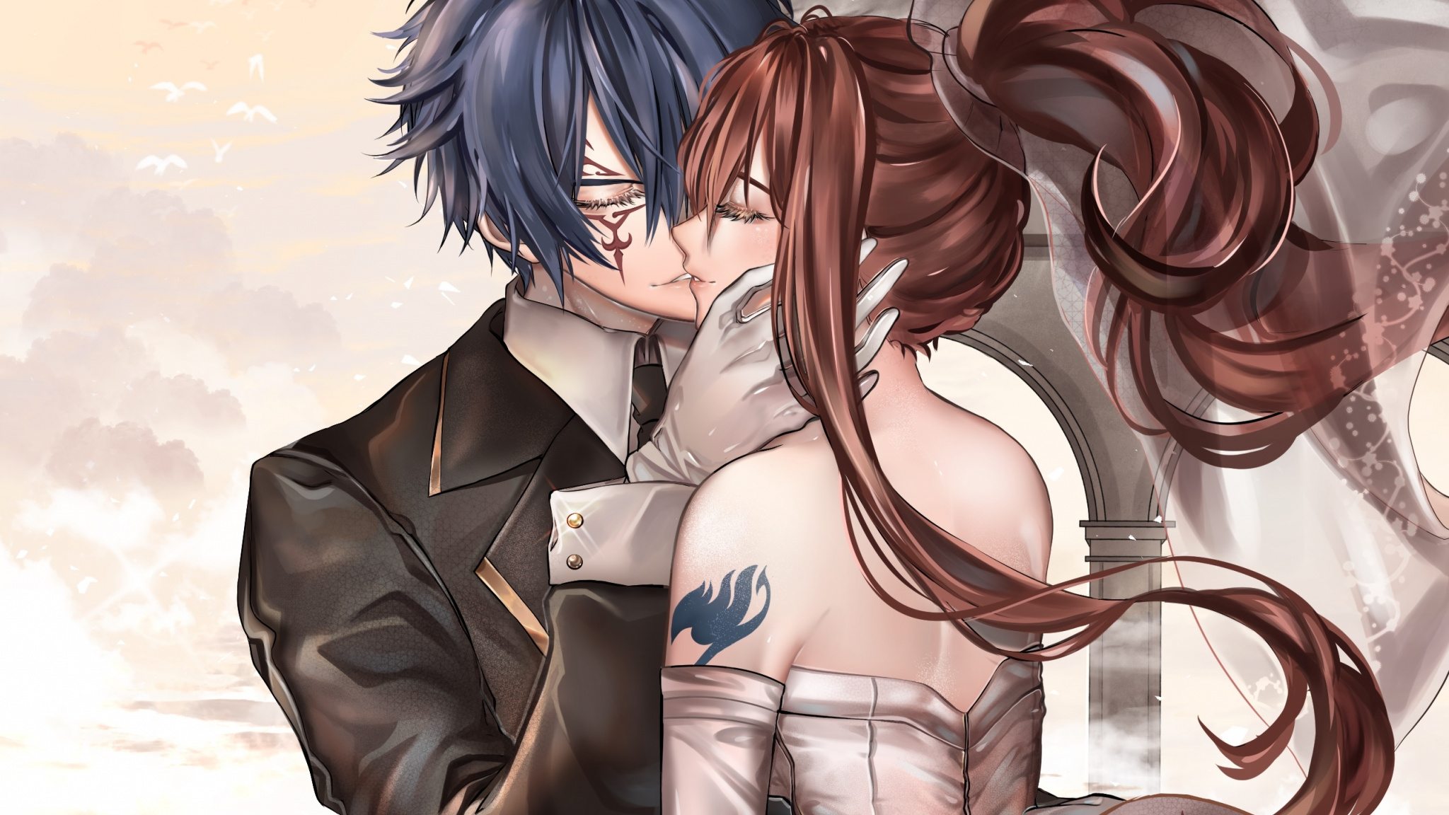 Download Anime, couple, kiss, love, Erza Scarlet, Jellal Fernandes, Fairy Tail wallpaper, 2048x Dual Wide, Widescreen