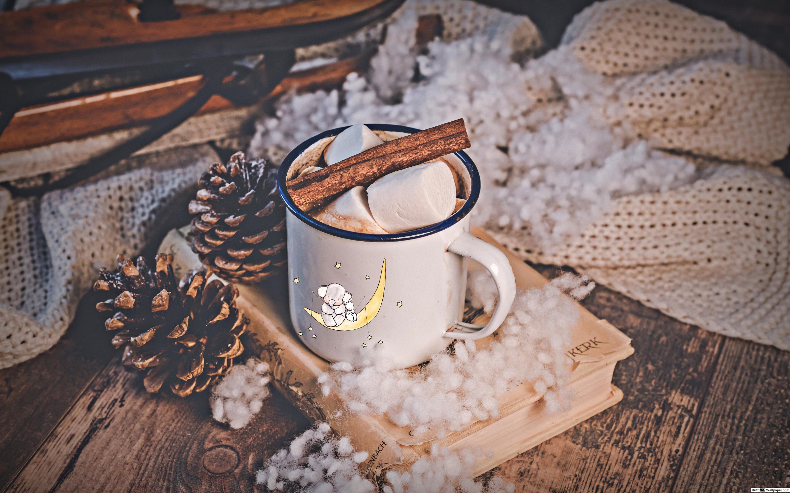 Warm hot Choco with cinnamon and Marshmallow in a white cup aesthetic wallpaper HD wallpaper download