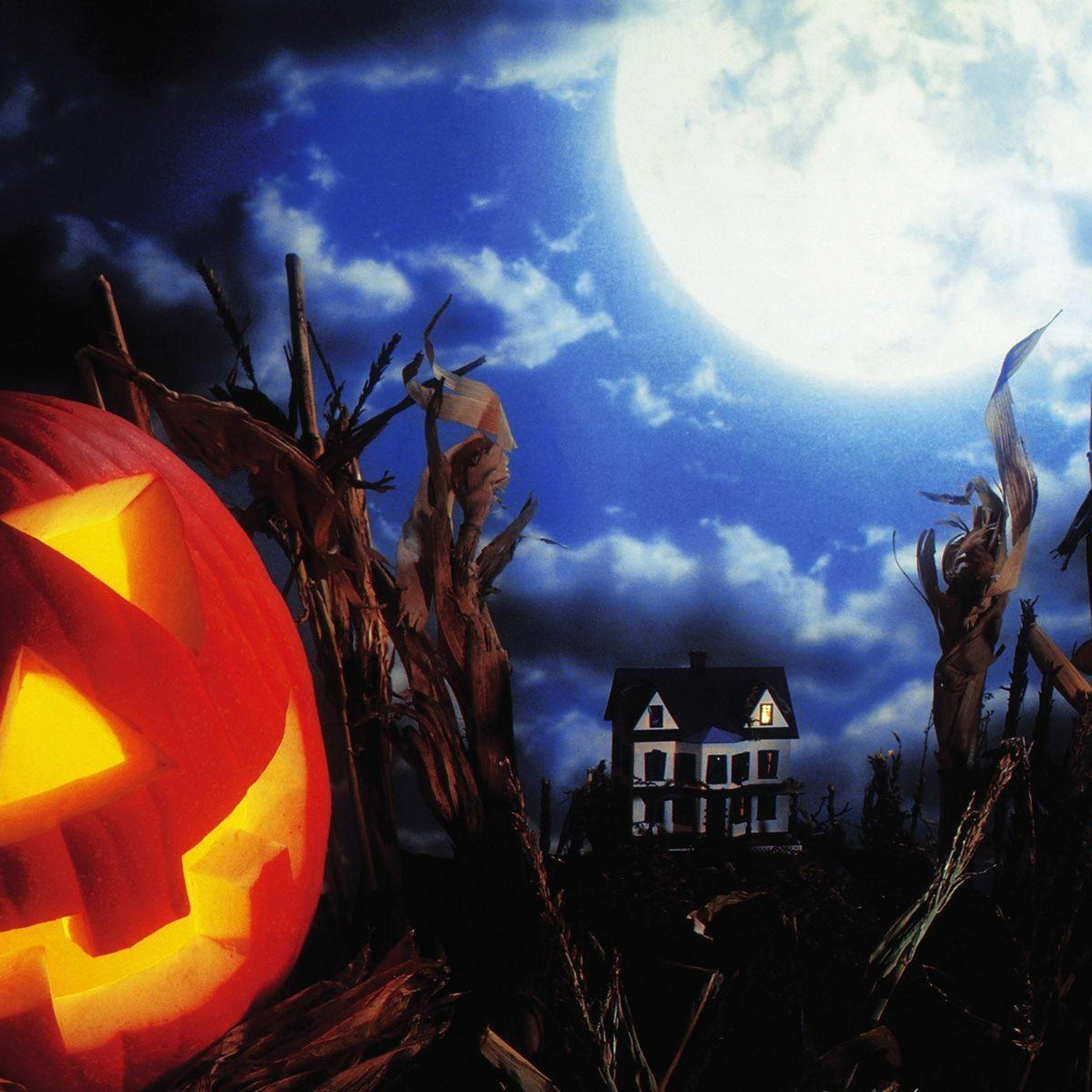 Big moon and scary Halloween pumpkin