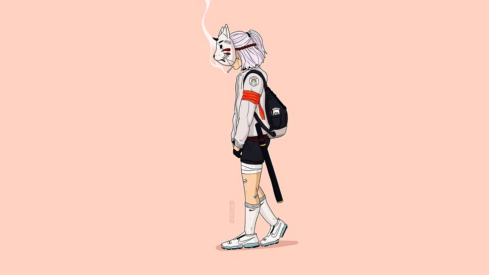 Wallpaper, anime girls, original characters, watermarked, shoes, Nike, White socks, smoking, backpack, mask 2048x1152