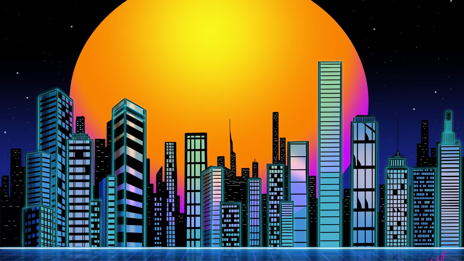 Retro City Sunset Abstract Neon plasma HD Desktop Photo