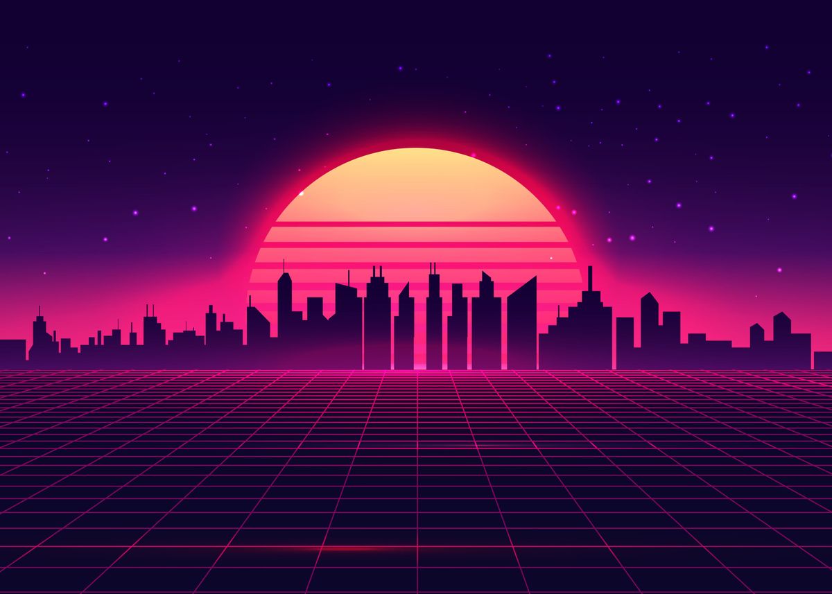 Neon Retro City Sunrise ' Poster