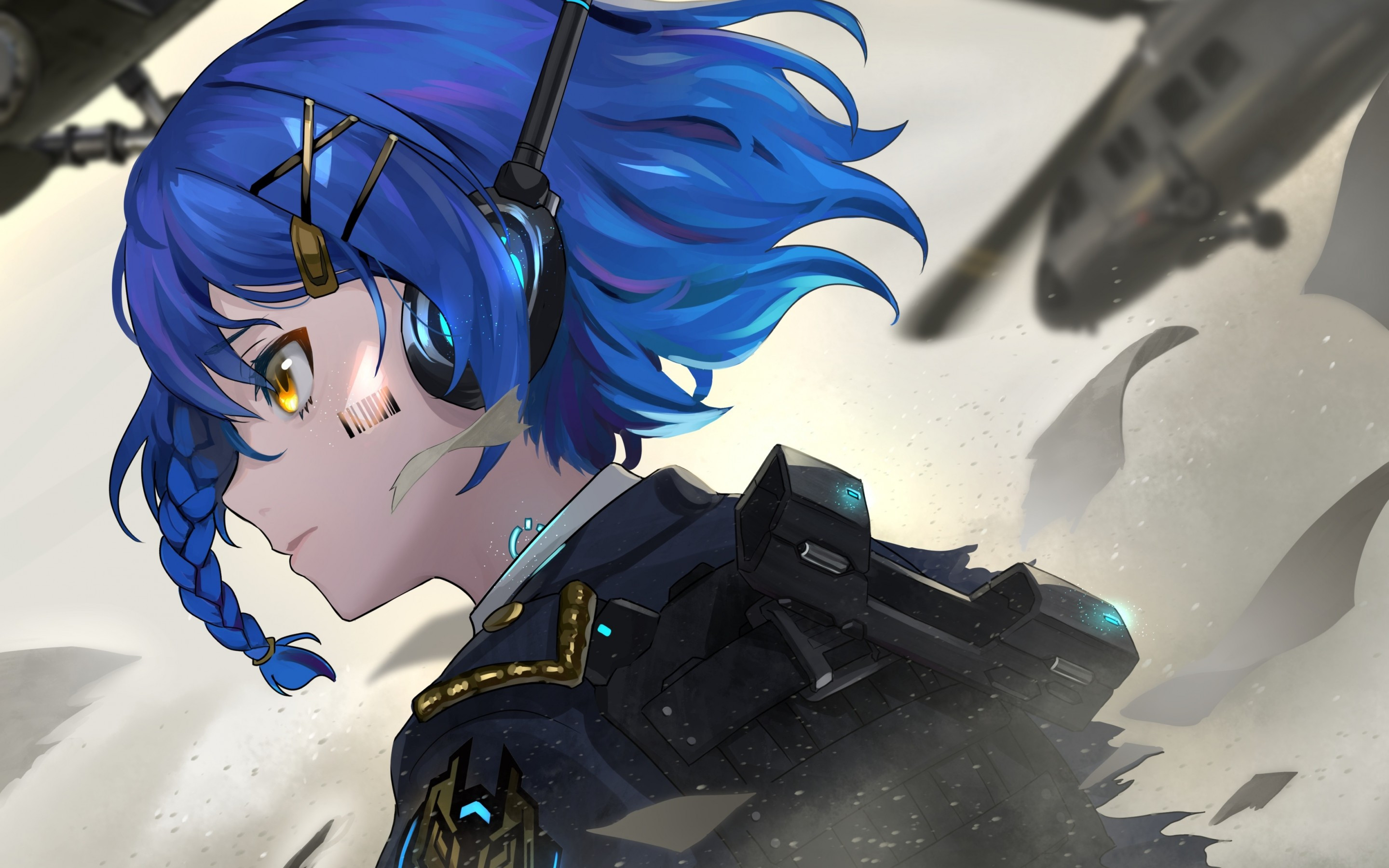 Download 2880x1800 Blue Hair, Anime Tech Girl, Profile View, Braid, Uniform, War, Helicopter, Aircraft Wallpaper for MacBook Pro 15 inch