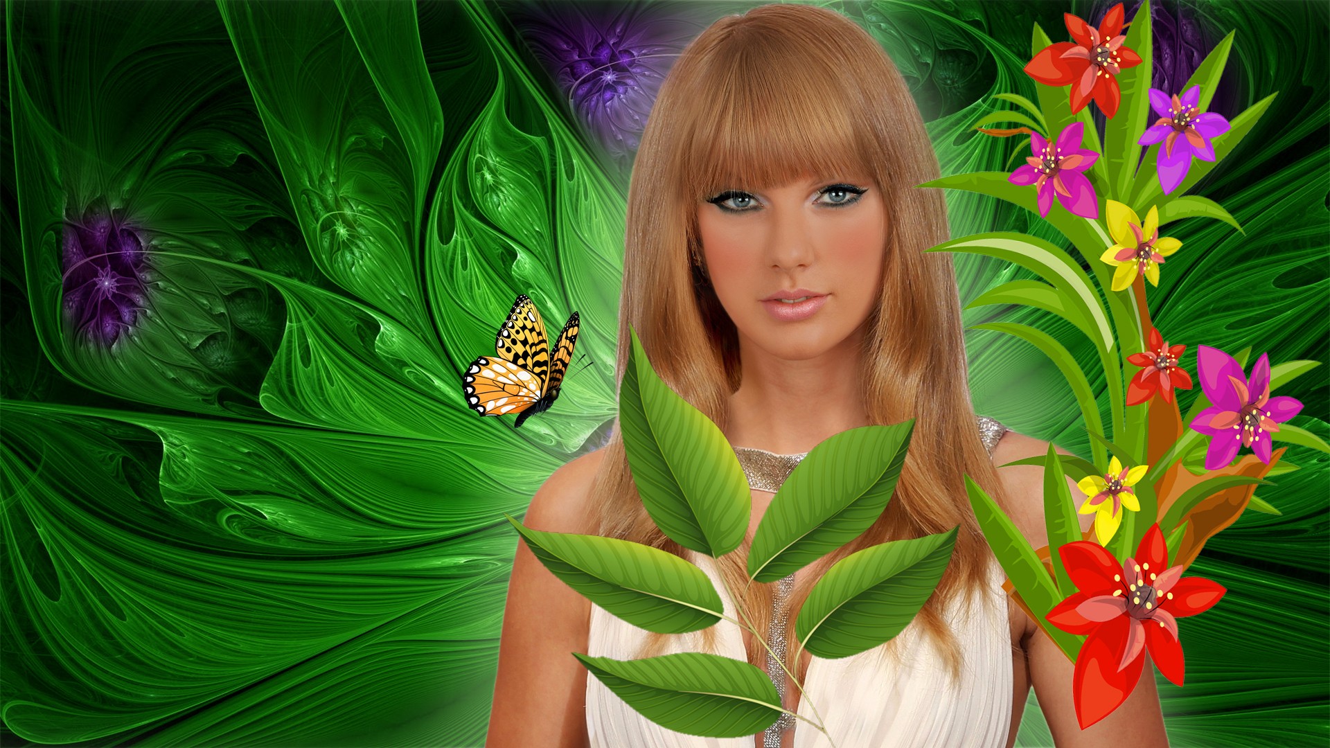 Wallpaper, leaves, flowers, long hair, grass, green, black hair, Taylor Swift, spring, Iris, leaf, flower, plant, girl, beauty, flora, computer wallpaper, brown hair, photomontage, pollinator, cg artwork 1920x1080