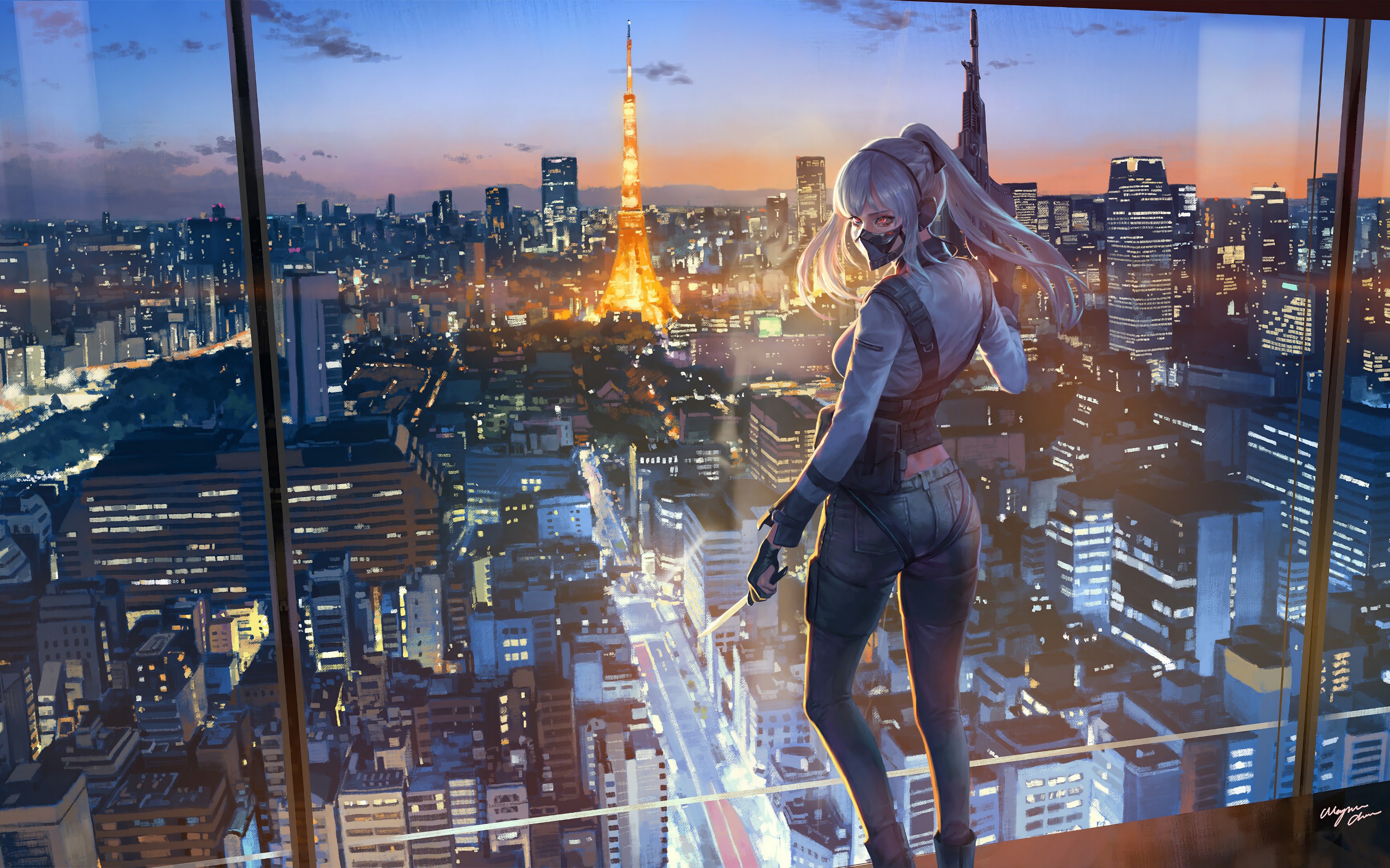 Anime Girl Mask City Buildings 4K Wallpaper