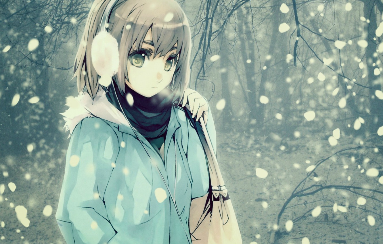 Wallpaper cold, winter, look, girl, snow, hair, anime, bag image for desktop, section прочее