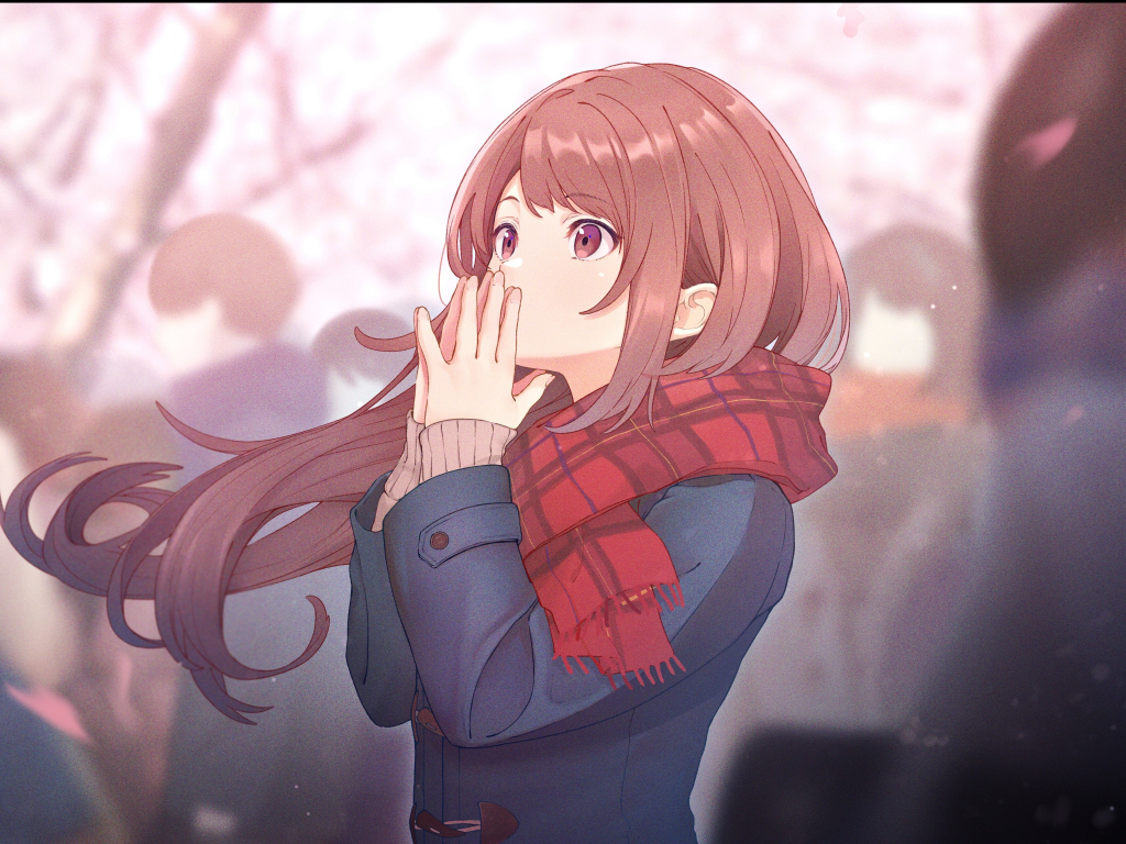 Desktop wallpaper cute, anime girl, pretty eyes, winter, red scarf, HD image, picture, background, 586af7