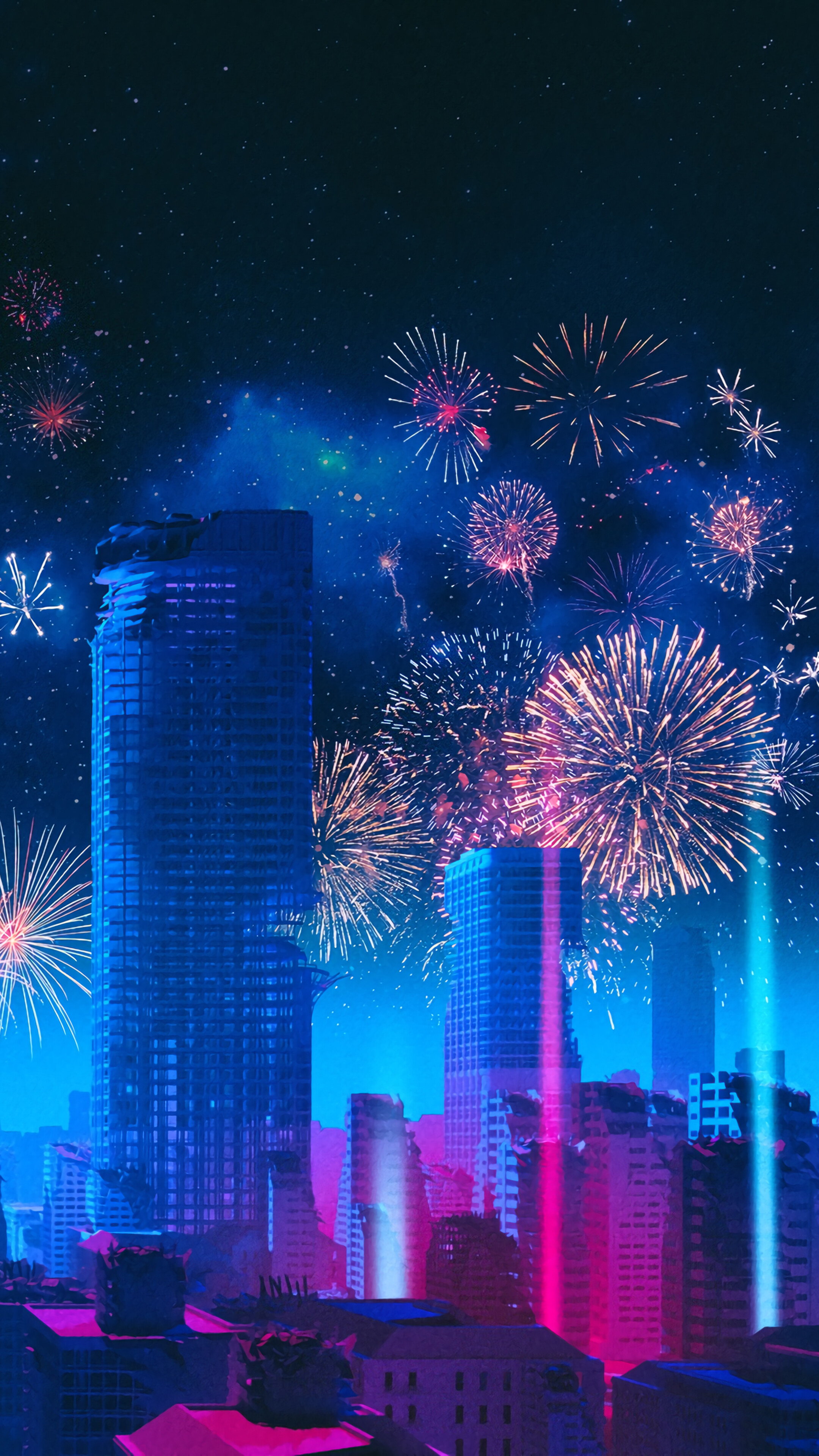 City, Fireworks, Buildings, Scenery, Digital Art, 4K phone HD Wallpaper, Image, Background, Photo and Picture. Mocah HD Wallpaper