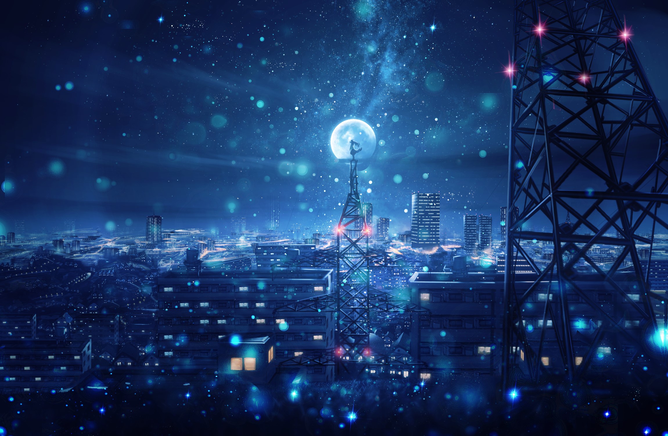 Wallpaper / building, city, Moon, sky, stars, anime