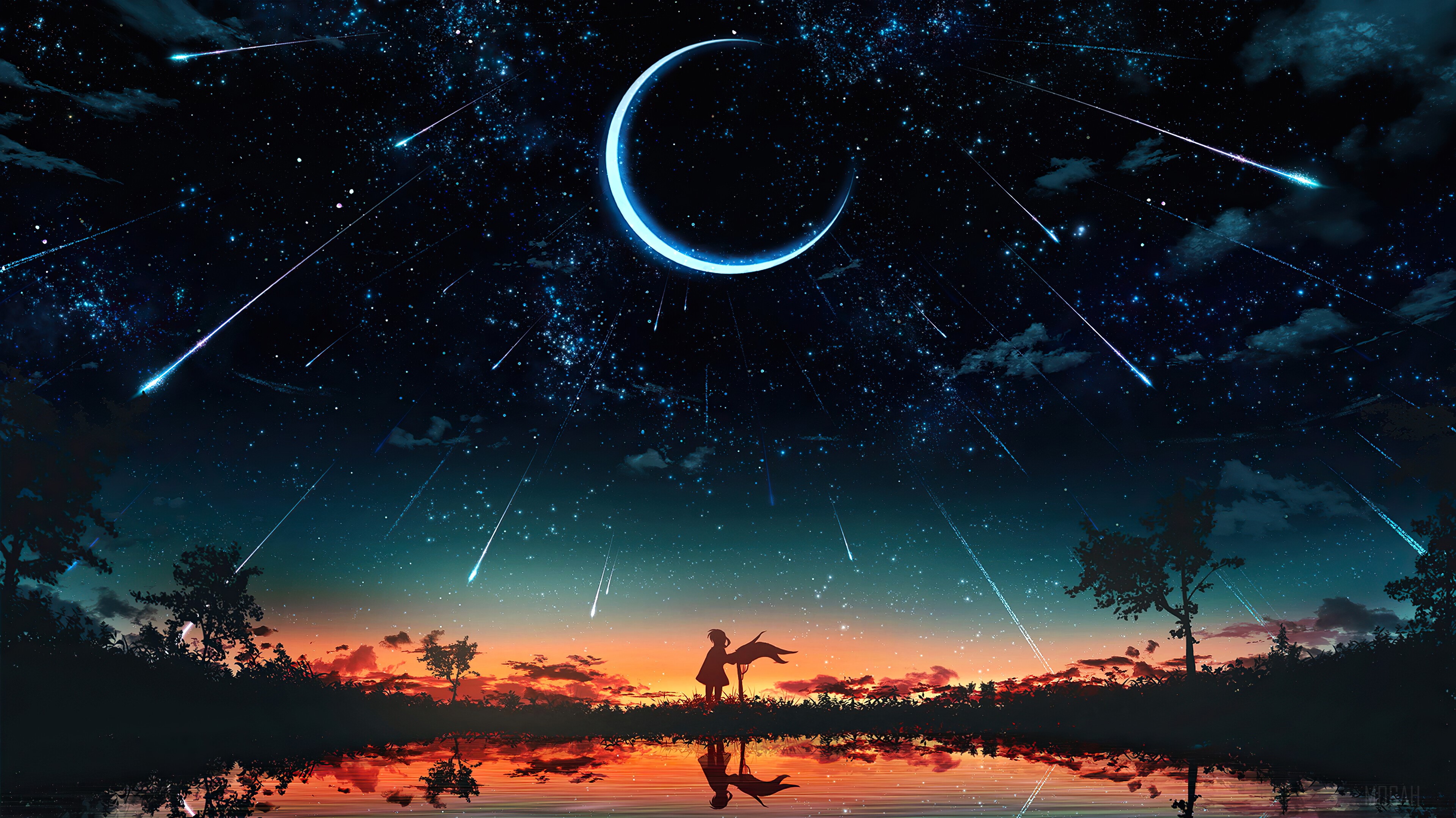 Sunset, Starry, Night, Sky, Moon, Stars, Anime, Scenery 4k wallpaper. Mocah HD Wallpaper