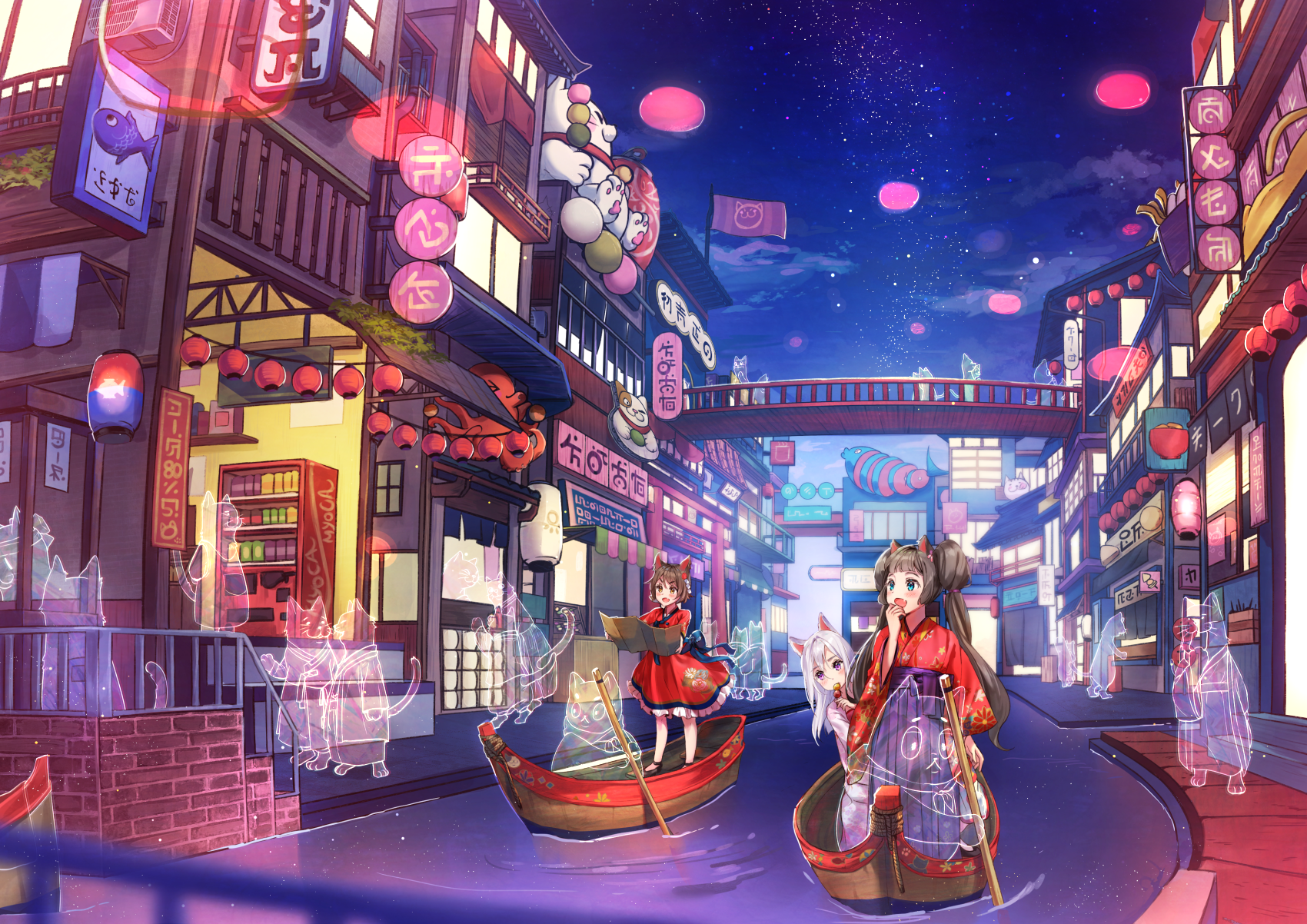Wallpaper, anime girls, anime city, fantasy city, animal ears, Japanese clothes, cat girl, ghosts 1700x1202