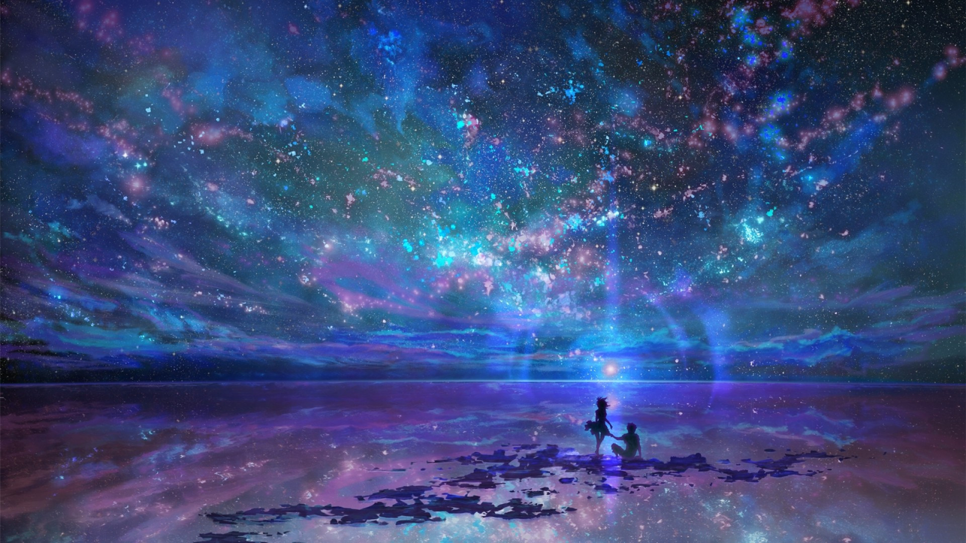 Download 1920x1080 Anime Couple, Scenic, Stars, Night, Sky, Silhouette Wallpaper for Widescreen