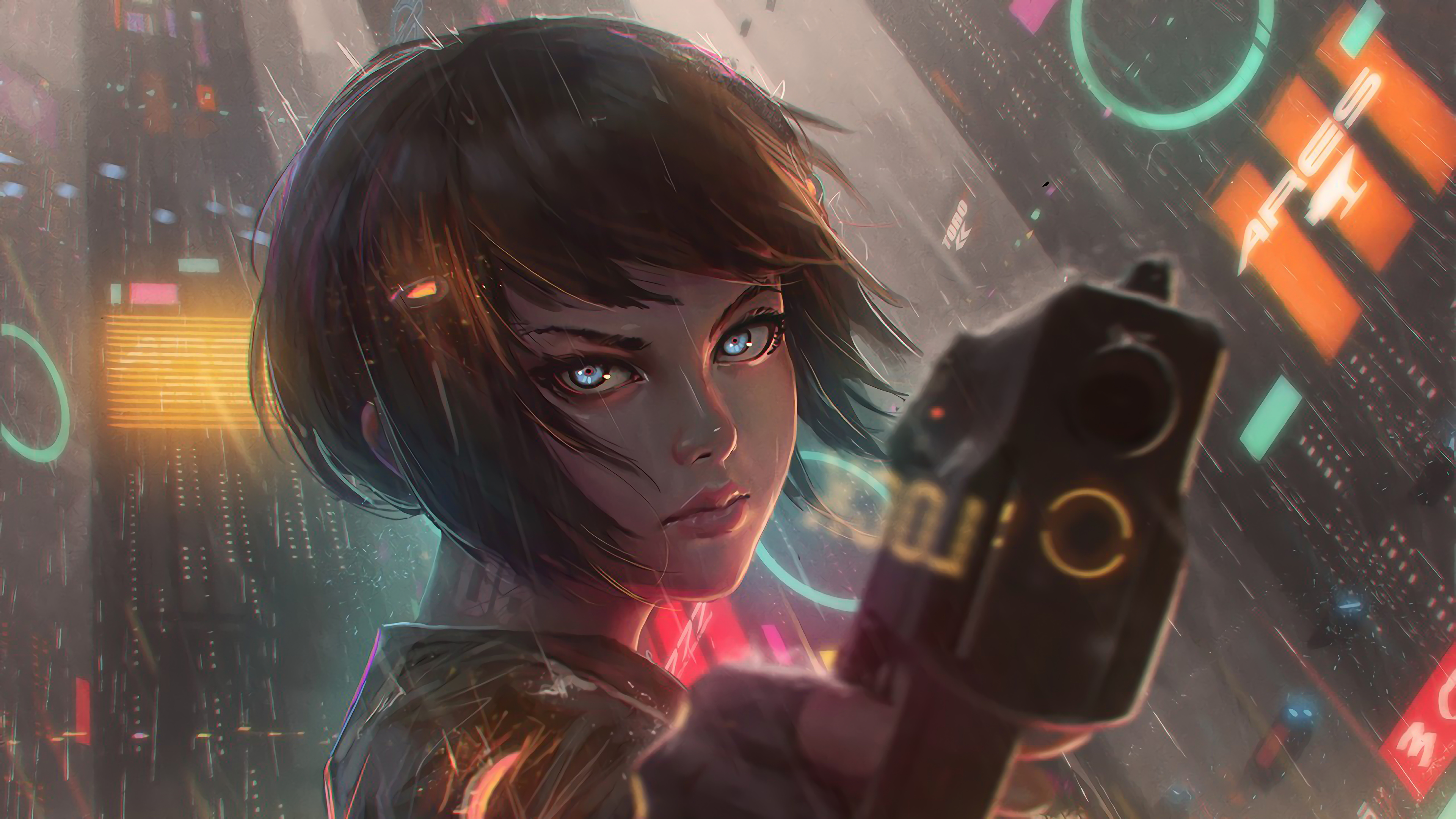 Cyberpunk, Anime, Girl, Pistol, Gun, 4K wallpaper HD Wallpaper