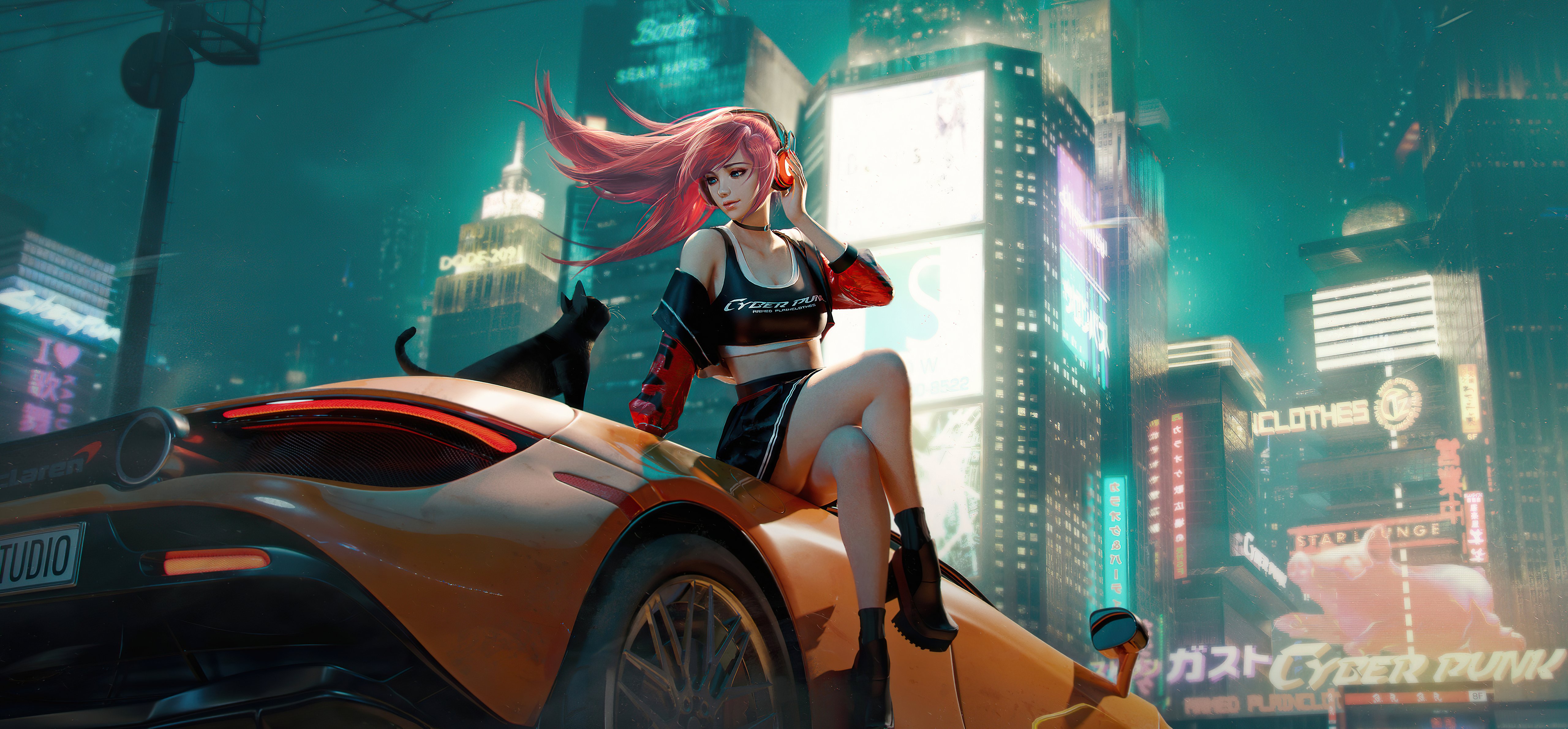 Cyberpunk Anime Girl With Mclaren And Cat 5k, HD Anime, 4k Wallpaper, Image, Background, Photo and Picture