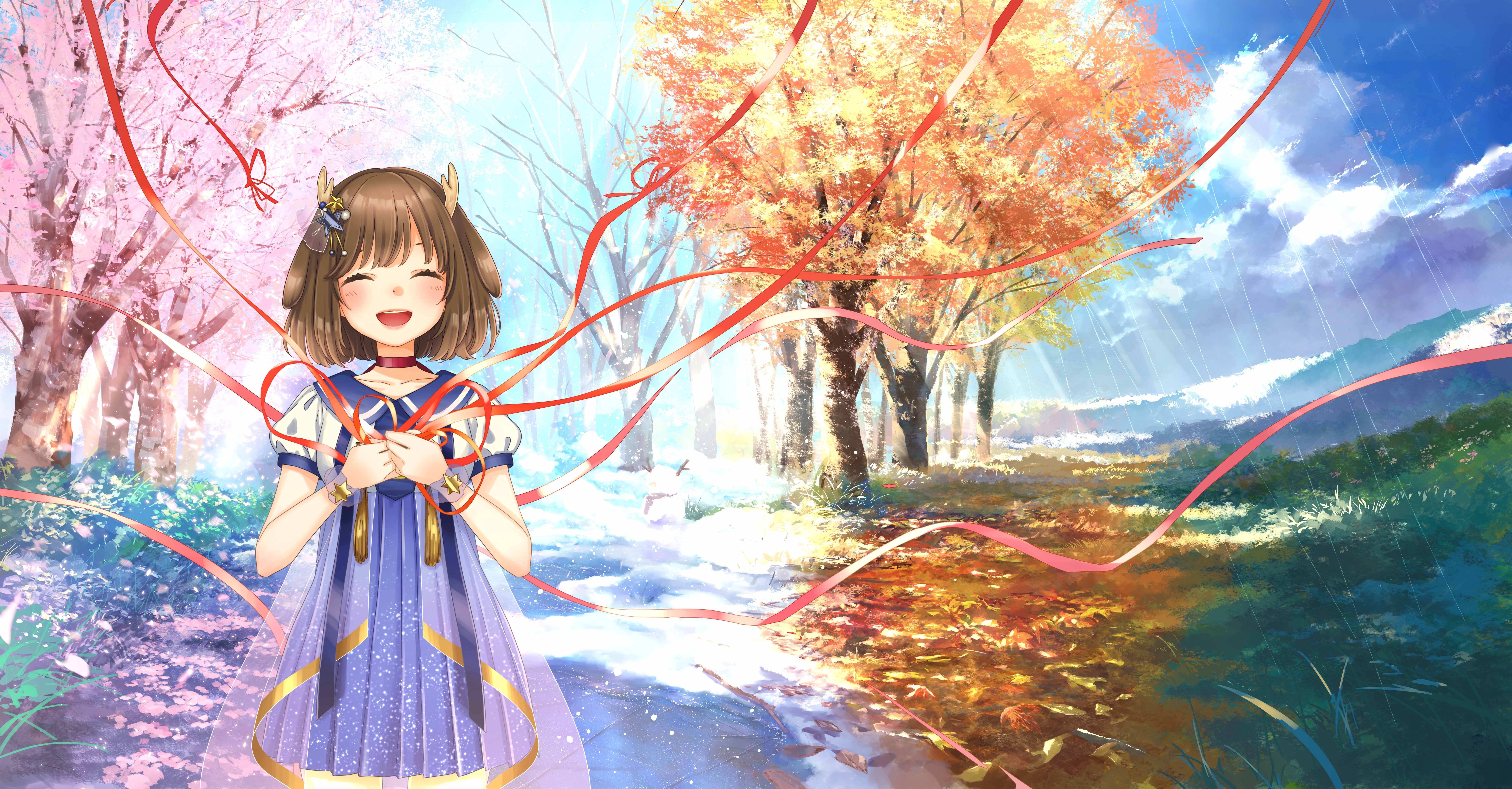 Wallpaper Summer, Winter, Spring, Four Seasons, Cute Anime Girl, Anime Landscape, Autumn:9508x4961
