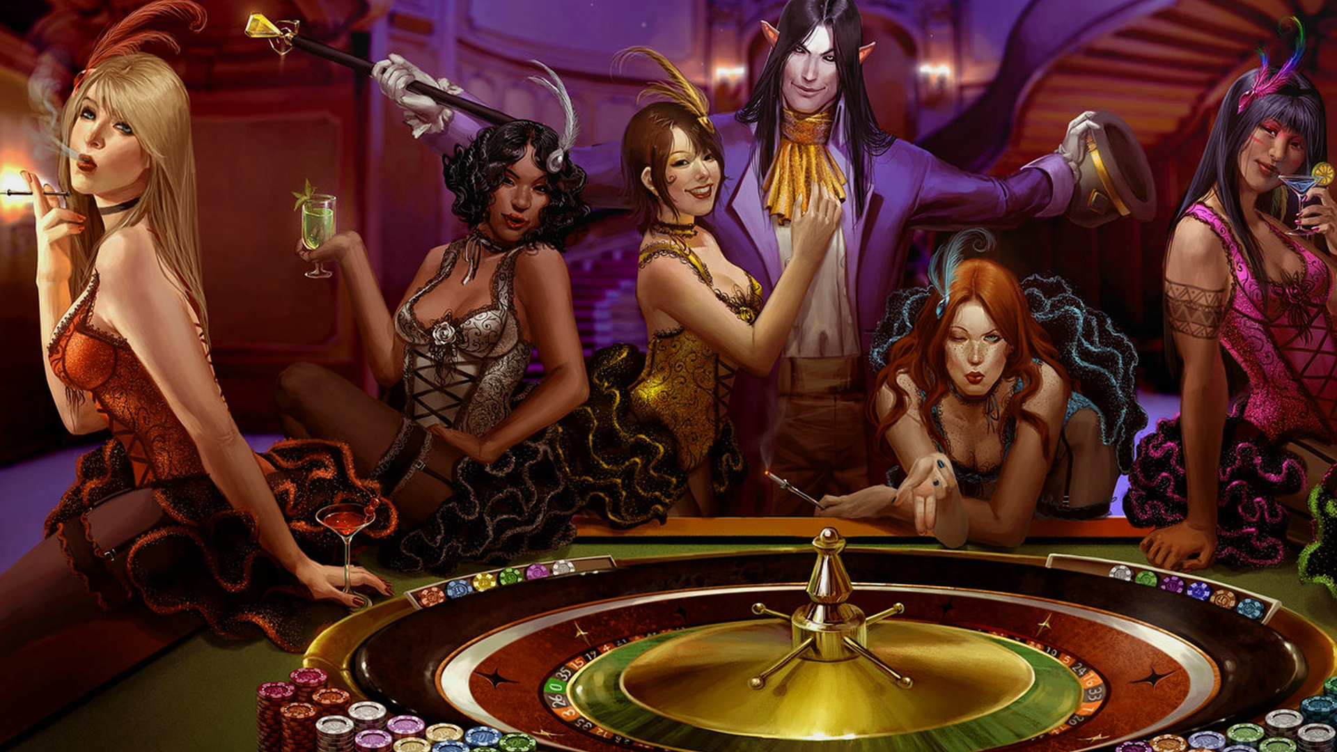 1920x1080 roulette, chips, girls, casino