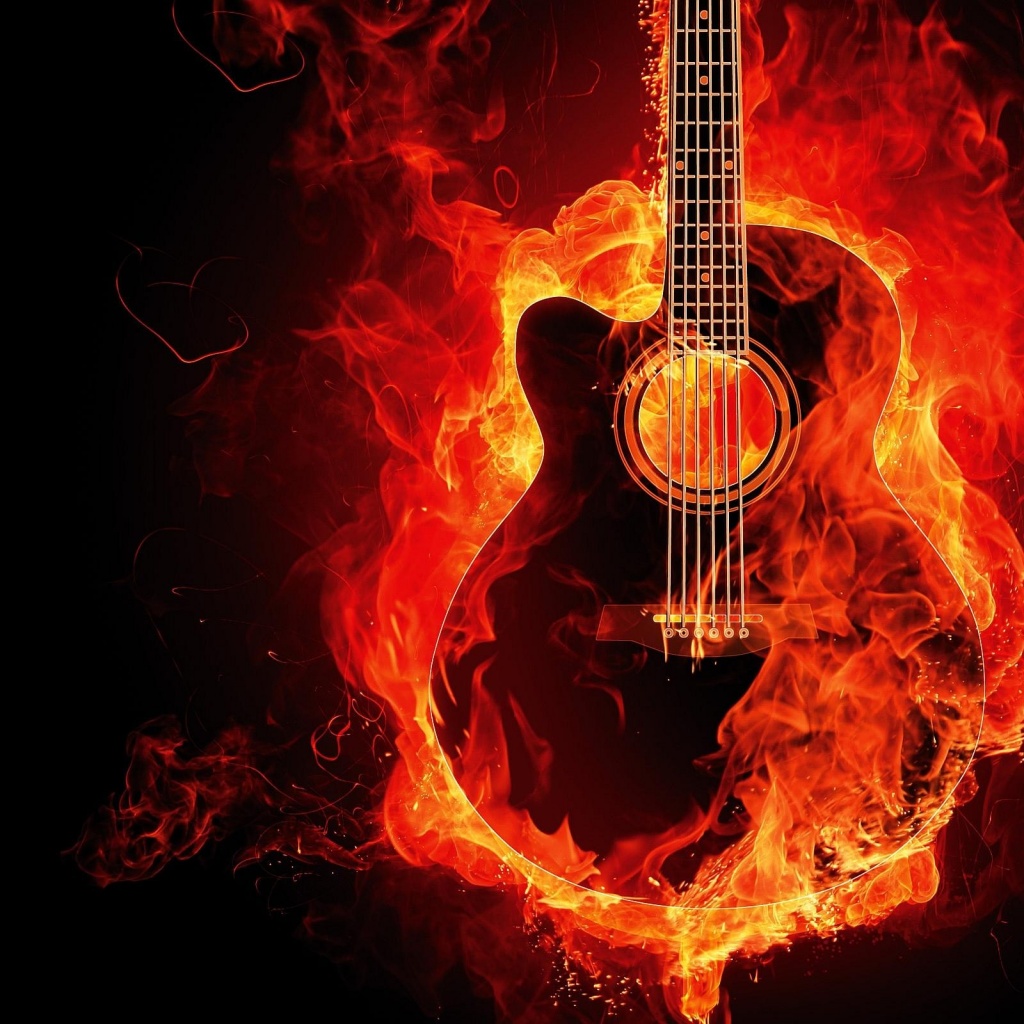 Flaming Guitar Wallpaper 4K, Black Background, Musical Instrument, Fire, Black Dark