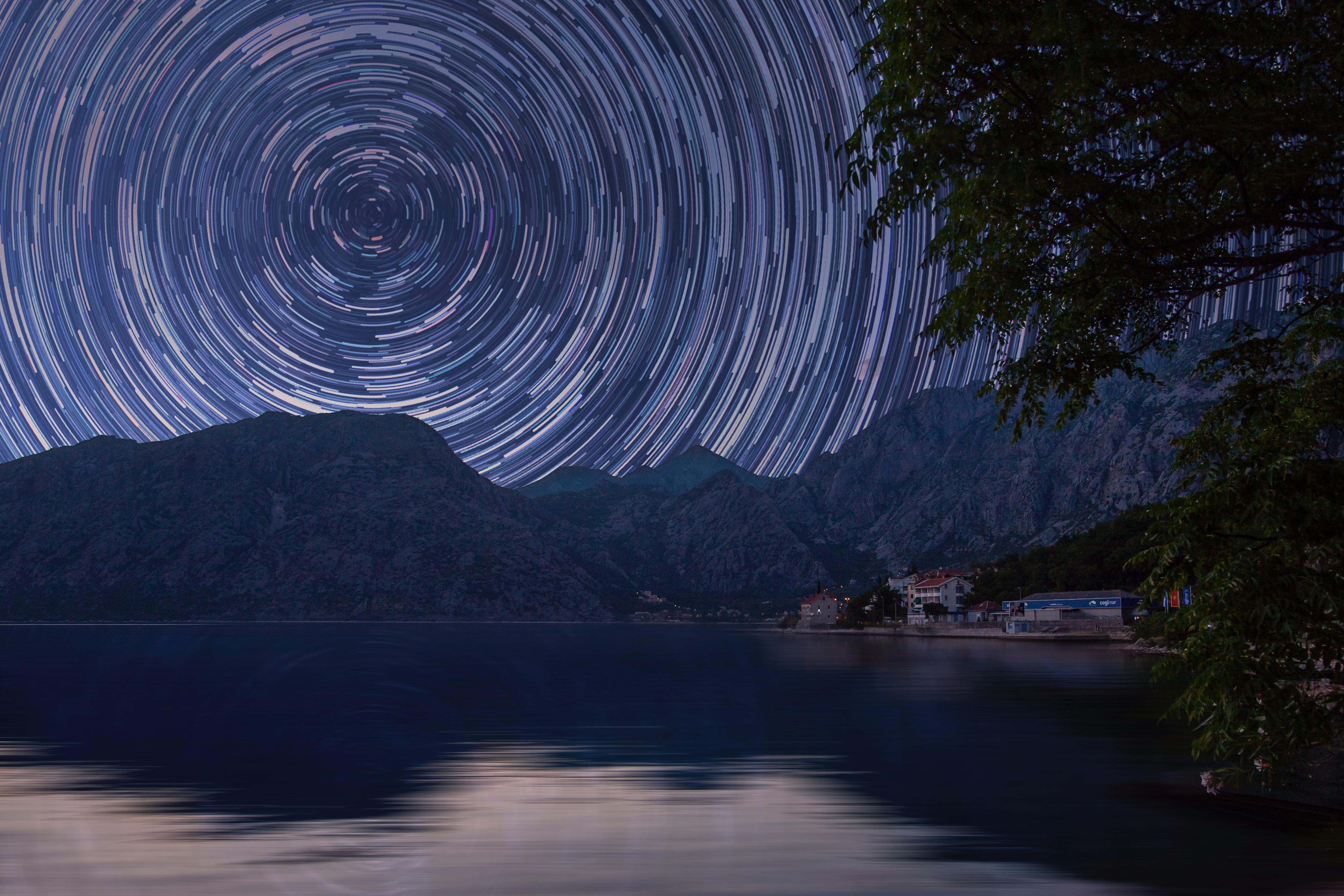 4770x3180 star movement, wallpaper, cool background, water, glow, tree, lake, reflection, village, spiral, star trail, light, swirl, star, house, timelapse, cool wallpaper, night, Free , pattern, mountain. Mocah HD Wallpaper