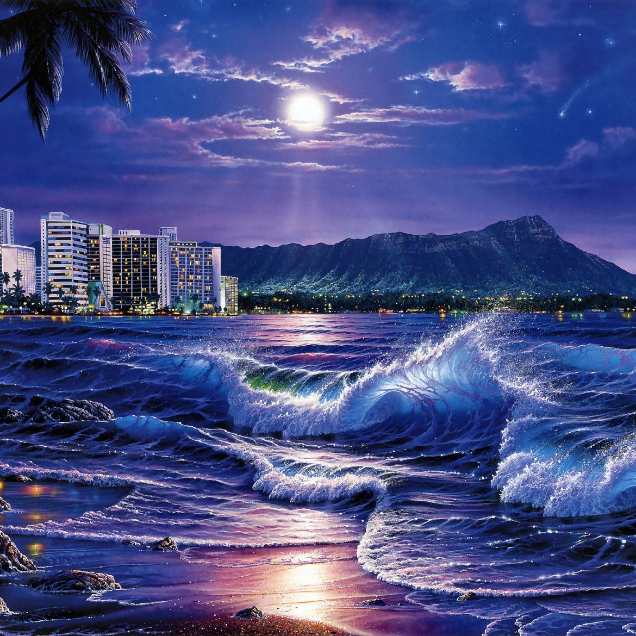 sea waves city night beach moon stars painting art iPad Air Wallpaper Free Download