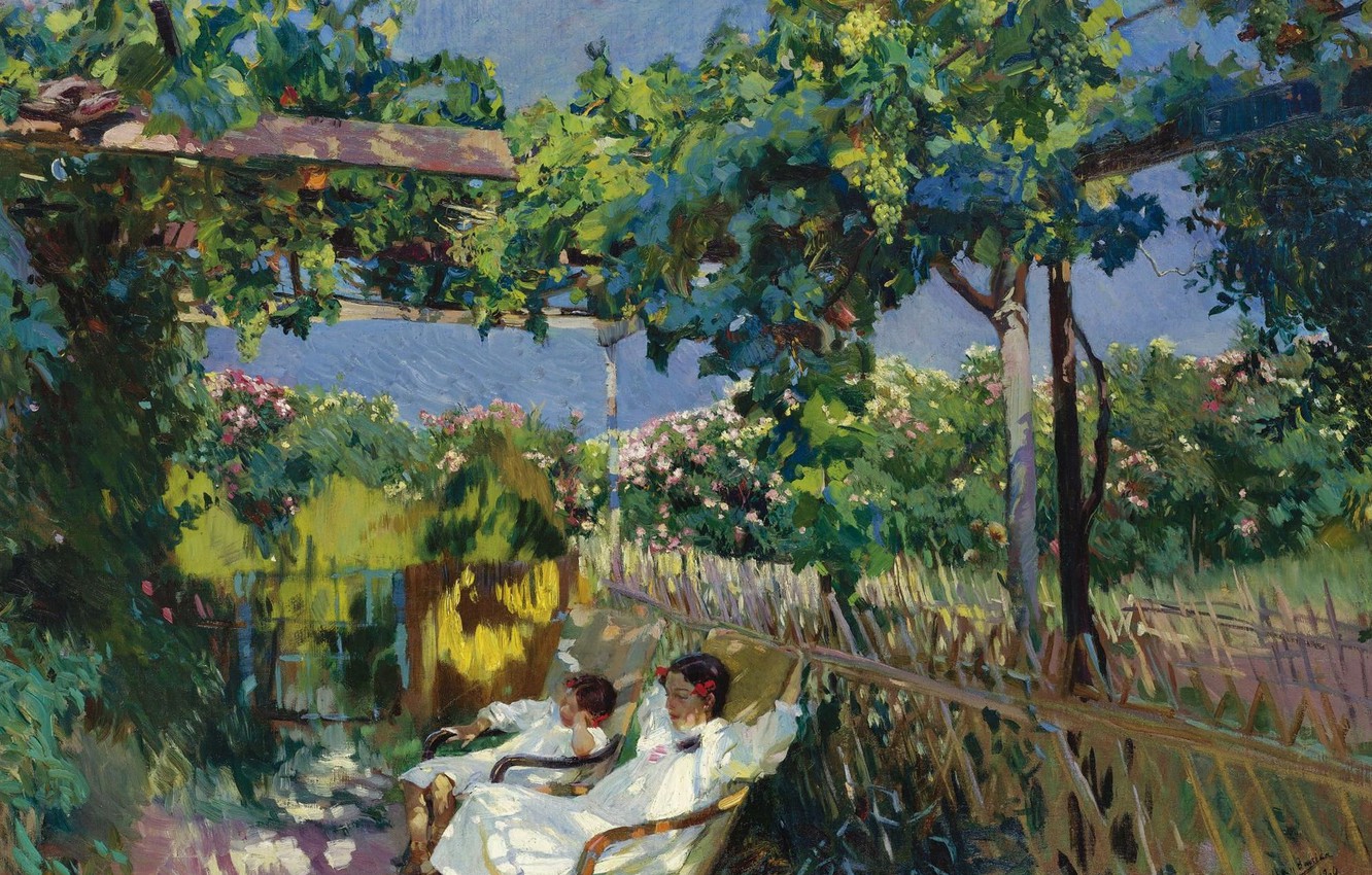 Wallpaper landscape, picture, Joaquin Sorolla, Joaquin Sorolla and Bastida, Siesta in the Garden image for desktop, section живопись