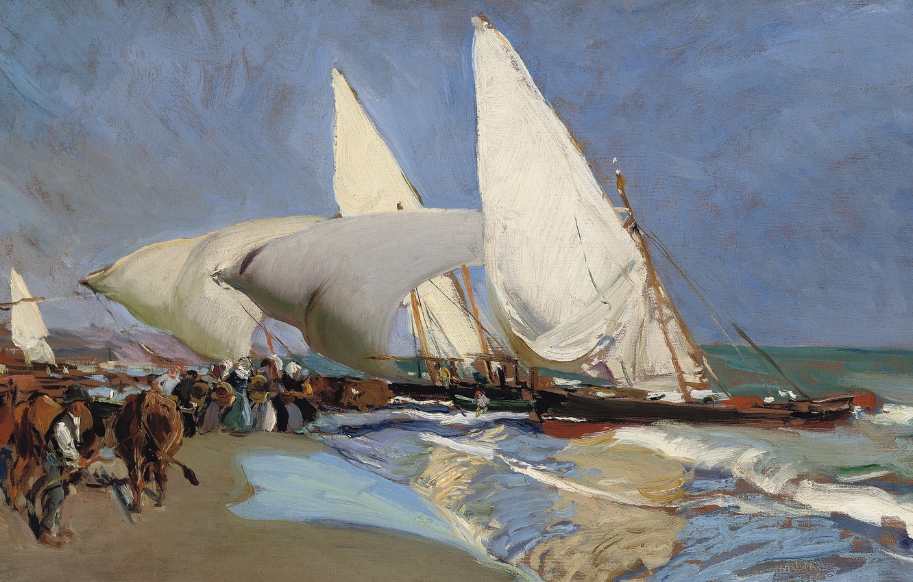 Wallpaper shore, boat, picture, sail, seascape, Beach Of Valencia, Joaquin Sorolla image for desktop, section живопись