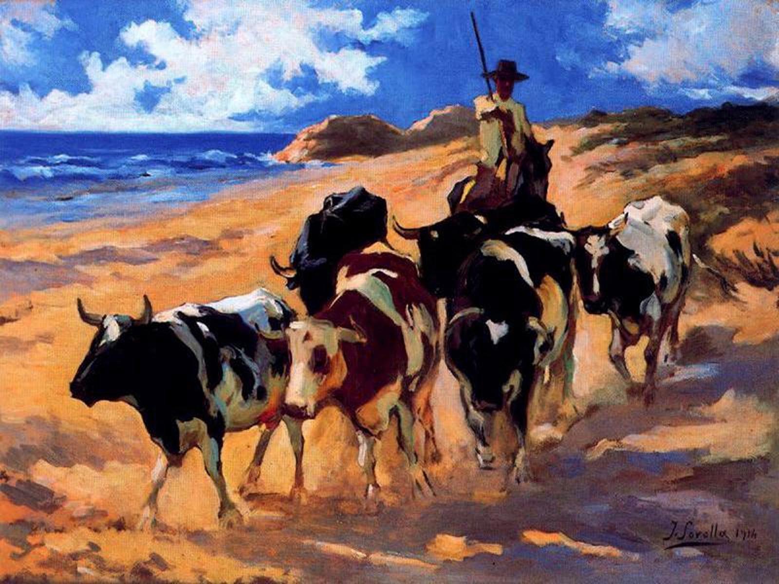 Oxen at the Beach Painting. Joaquin Sorolla y Bastida Oil Paintings