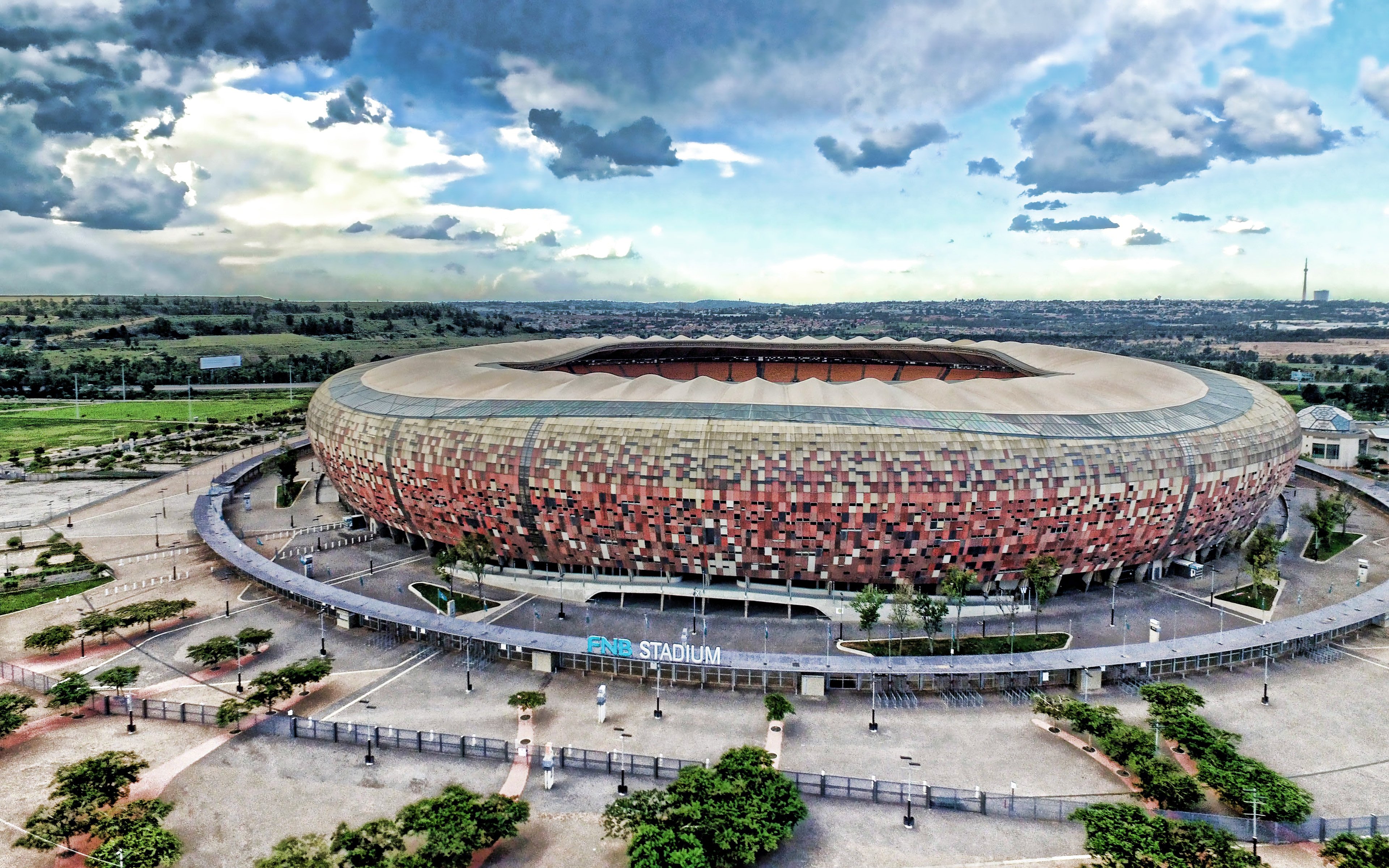 Download wallpaper 4k, FNB Stadium, aerial view, First National Bank Stadium, HDR, football stadium, Johannesburg, South Africa, South African stadiums for desktop with resolution 3840x2400. High Quality HD picture wallpaper