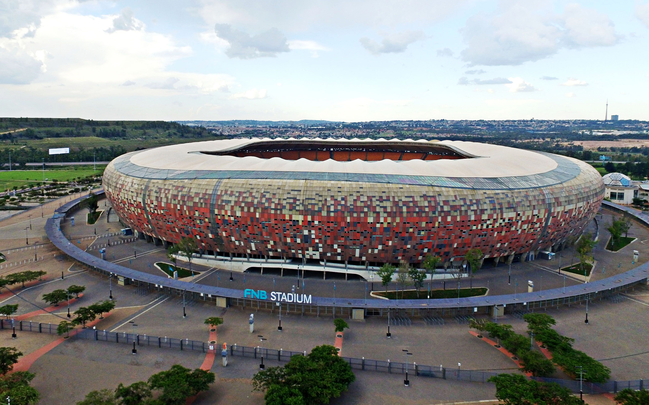 Download wallpaper Soccer City, First National Bank Stadium, FNB Stadium, football stadium, Johannesburg, South Africa, modern stadiums, South African stadiums for desktop with resolution 2560x1600. High Quality HD picture wallpaper
