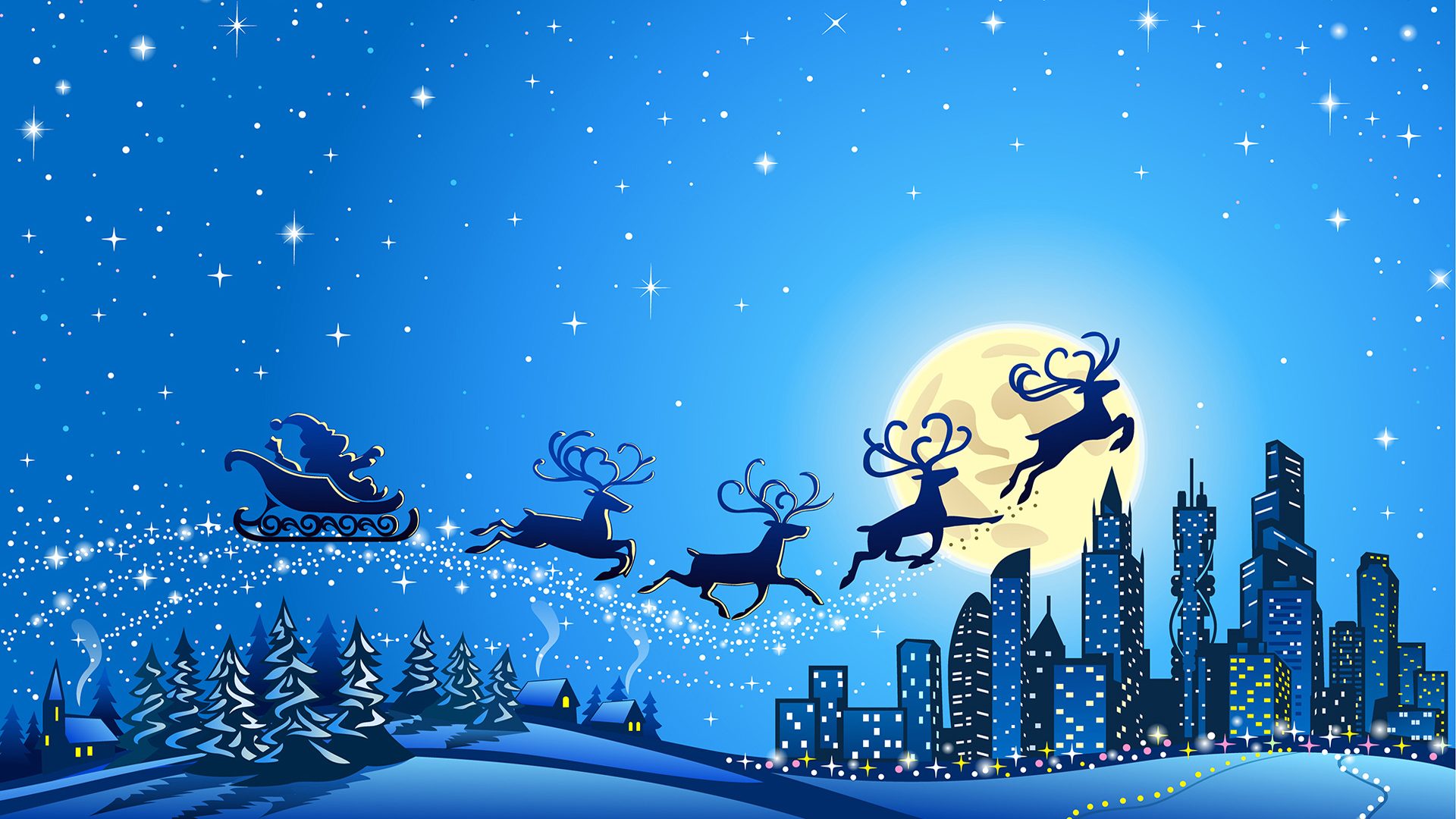 Christmas Night Santa Claus In Your City Winter Full Moon Blue Wallpaper HD 1920x1200, Wallpaper13.com