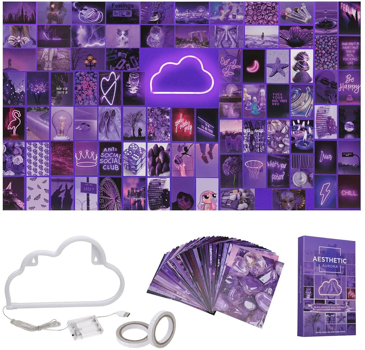 Buy AESTHETIC AURORA 85 PCS 4x6 Photo Wall Collage Kit, Aesthetic Posters & Cloud LED Lights For Bedroom, Picture Collage Kit For Wall Aesthetic Indie Room Decor & Neon signs, Double Sided