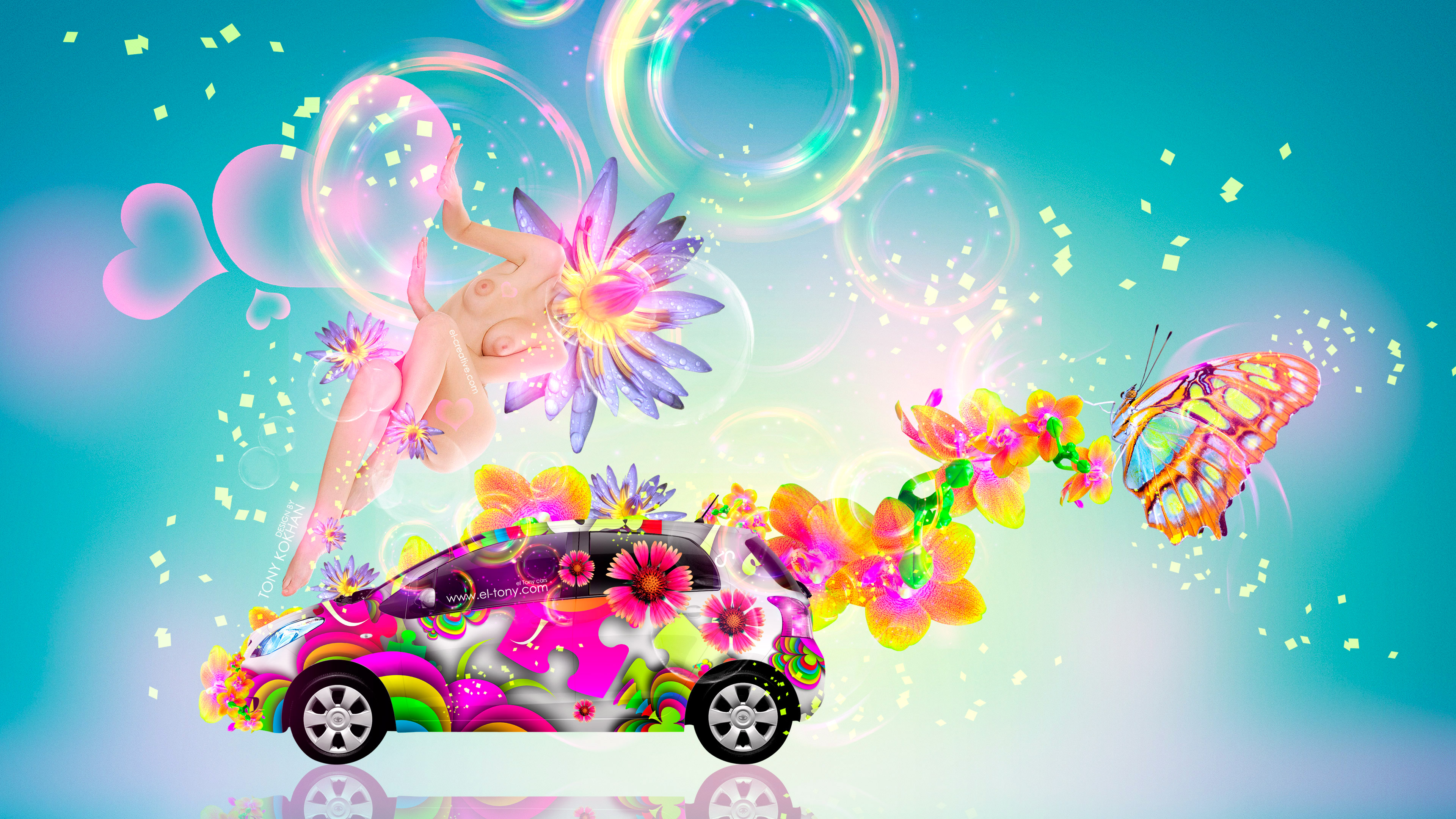 4K Fantasy Flowers Fly Girl Mix Toyota Vitz Butterfly Car 2015 el Tony