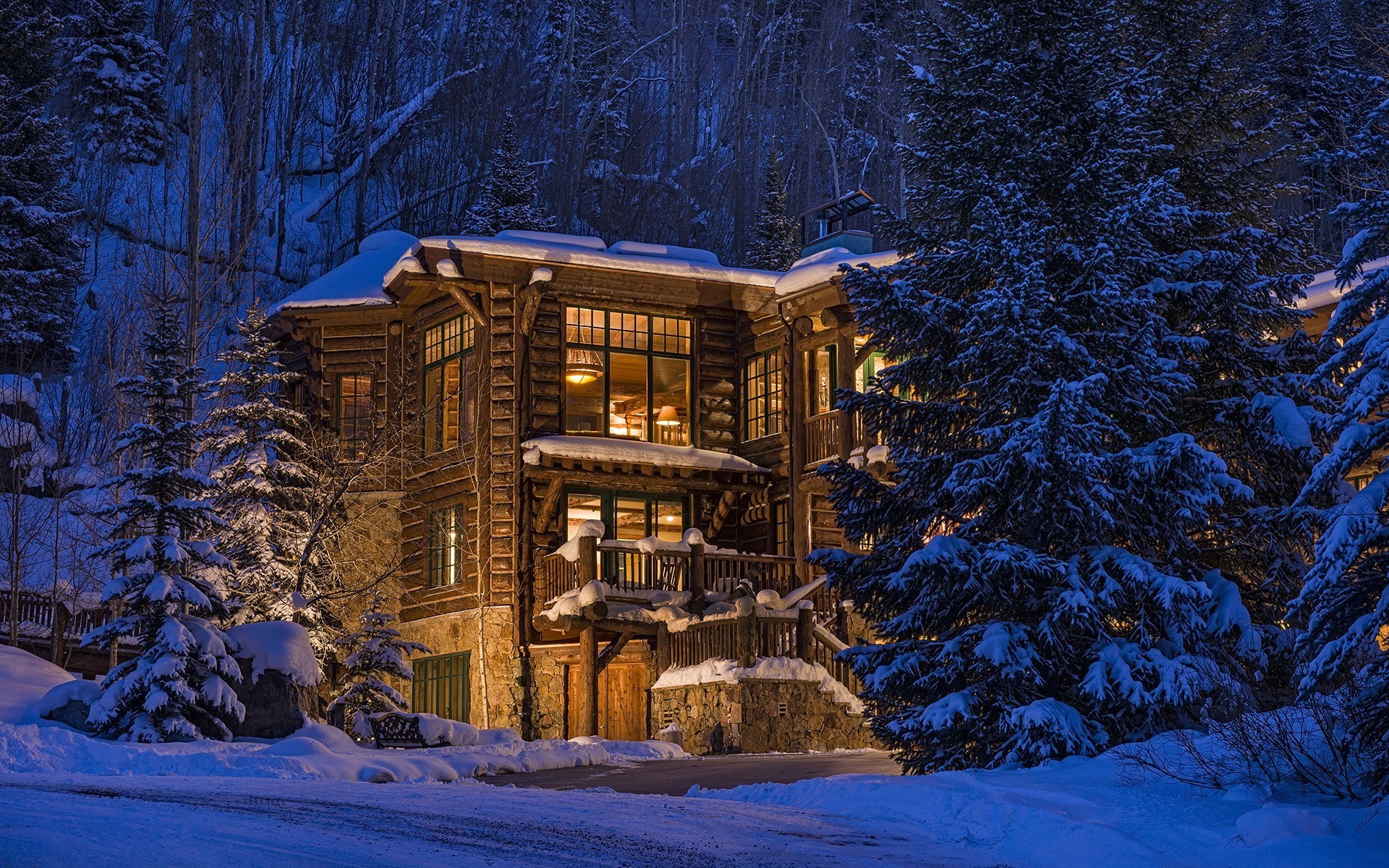 nature trees forest architecture colorado usa house winter snow evening lights wood luxury wallpaper