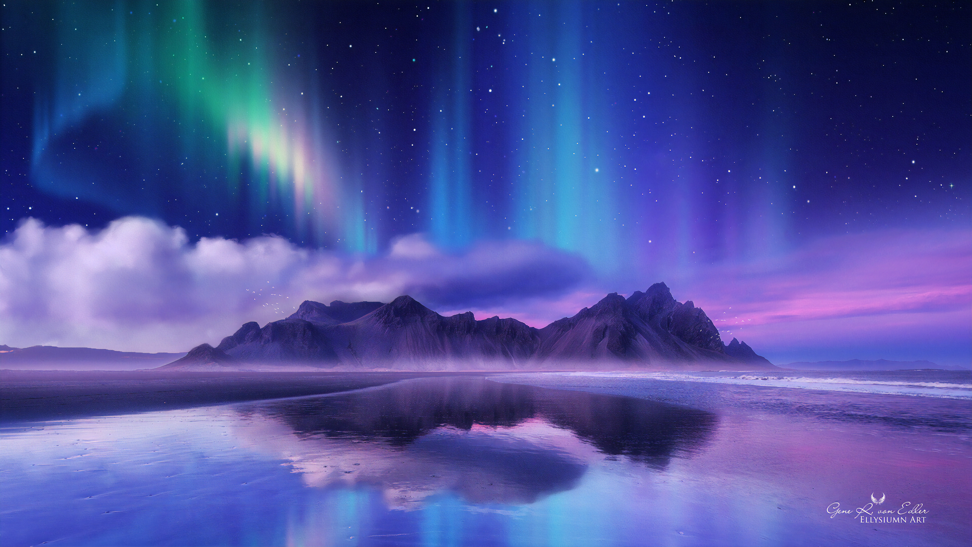 Northern lights reflected in lake in mountains Wallpaper 4k Ultra HD