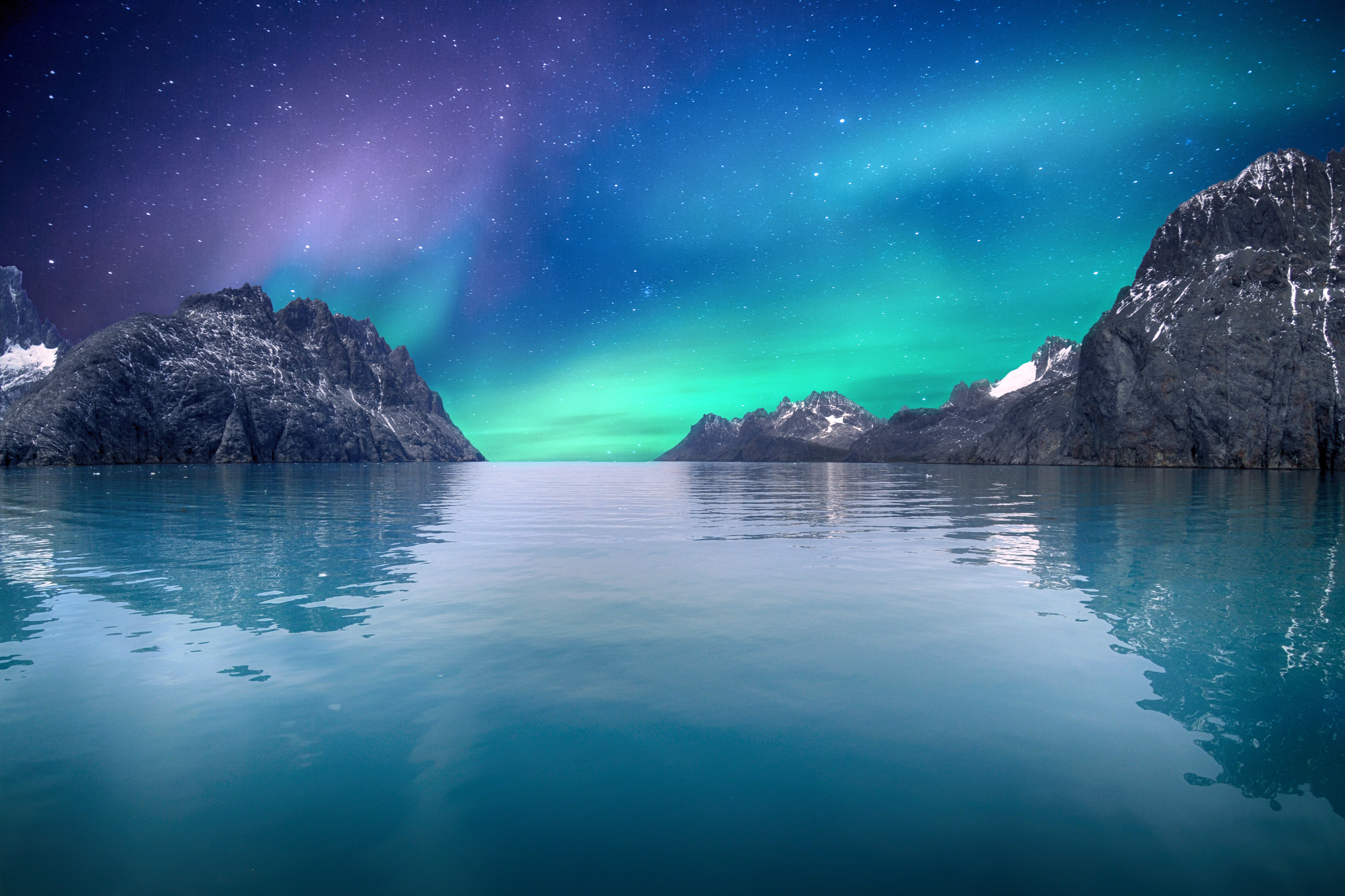 Northern Lights Wallpaper 4K, Sea, Blue Sky, Stars, Reflection, Mountains, Nature