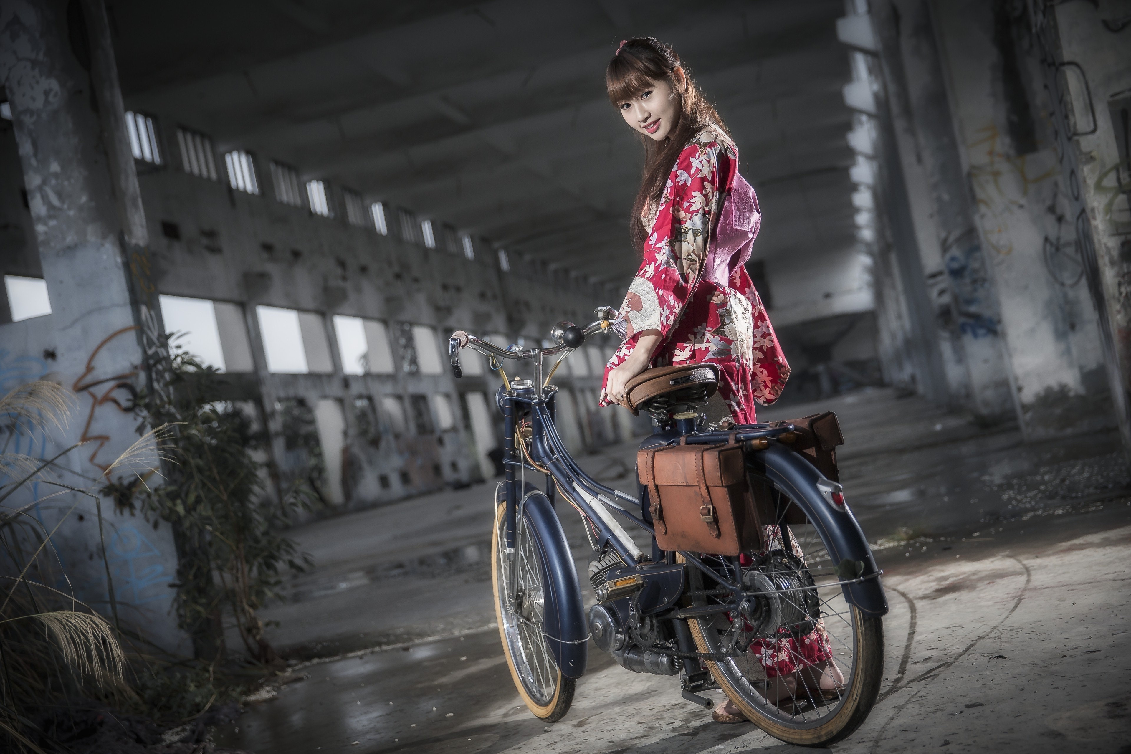 Wallpaper, women, model, street, bicycle, Asian, motorcycle, vehicle, road, cycling, sports equipment, mountain bike, extreme sport, cycle sport, 3840x2560 px 3840x2560