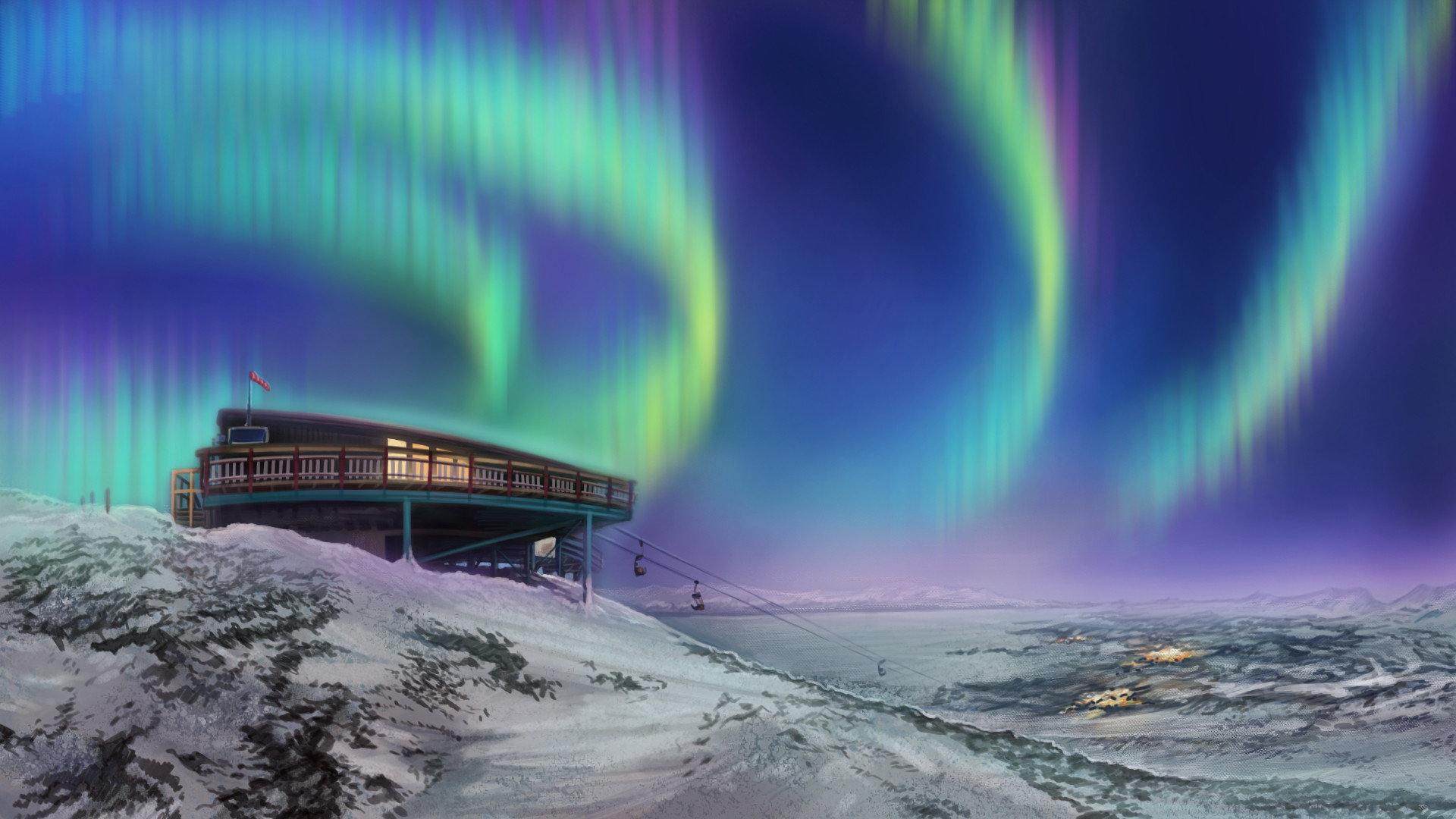 Wallpaper, nature, landscape, winter, snow, night, digital art, aurorae, cable car, mountains, Anastasija Kretzschmar 1920x1080