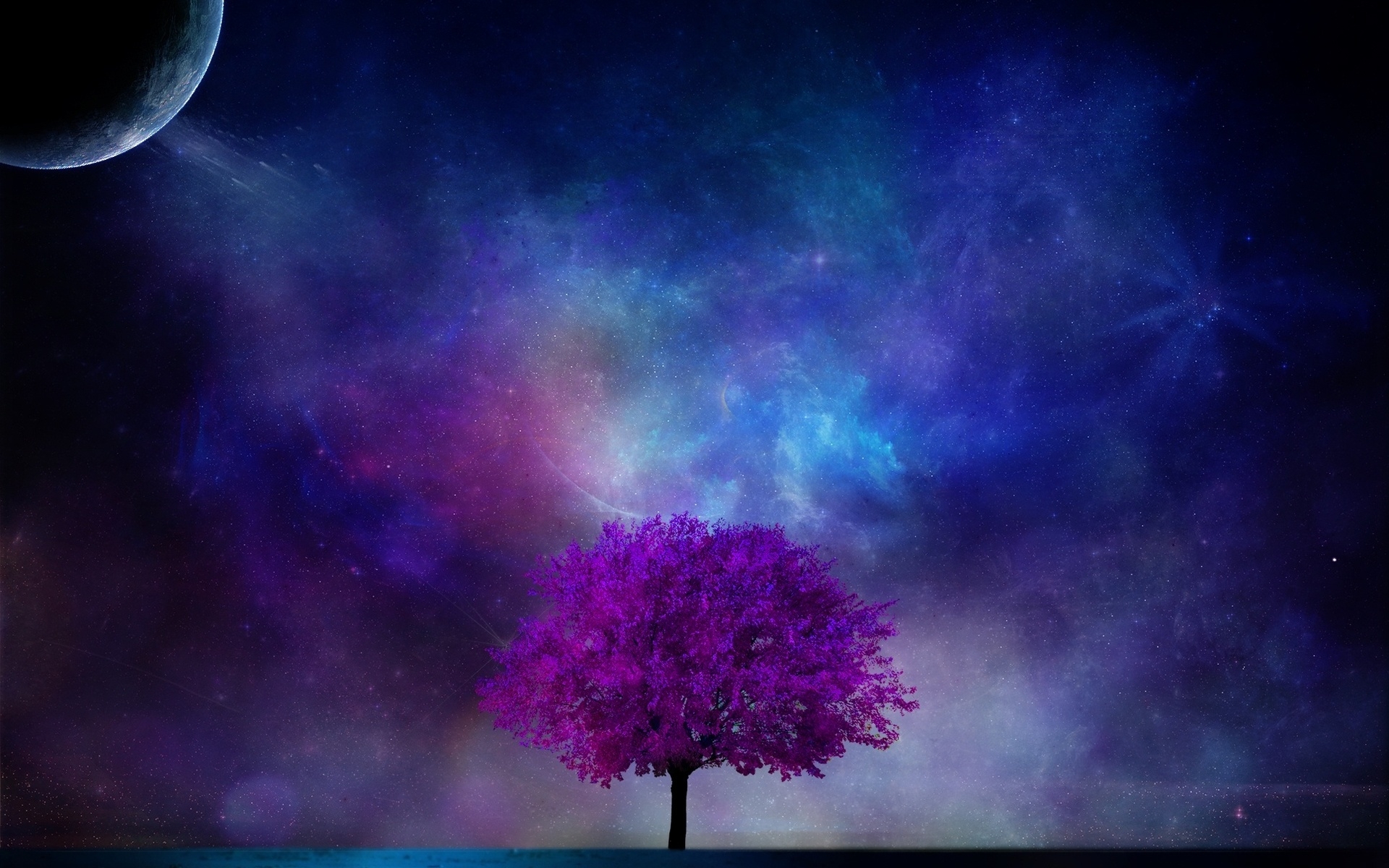 Download 1920x1200 Moon, Tree, Galaxy, Nebula, Stars, Night, Digital Art, Sci Fi Wallpaper For MacBook Pro 17 Inch