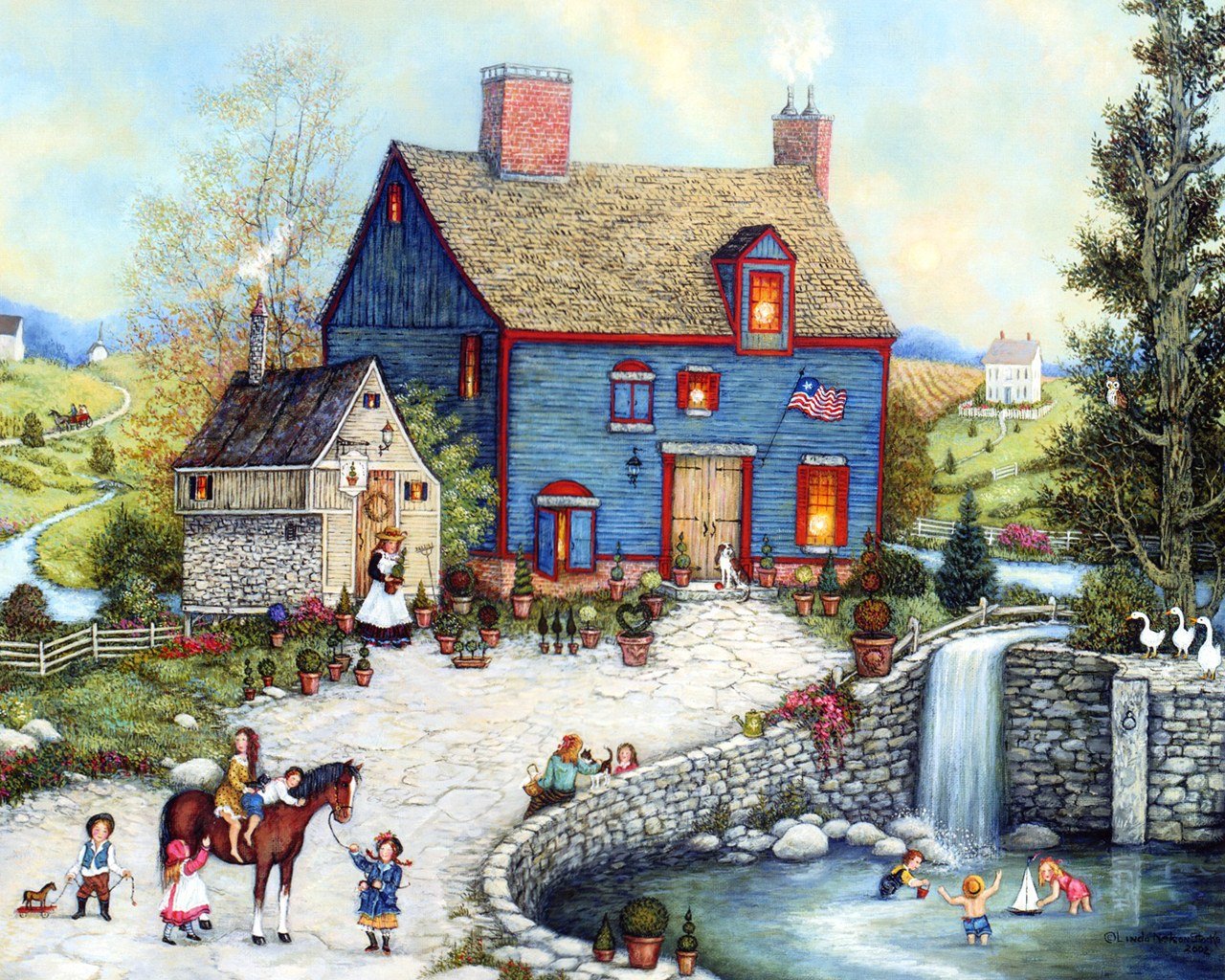 American Folk Art, Linda Nelson Stocks Folk Art Calendar Villages and Country Life 1280x1024 NO.10 Desktop Wallpaper