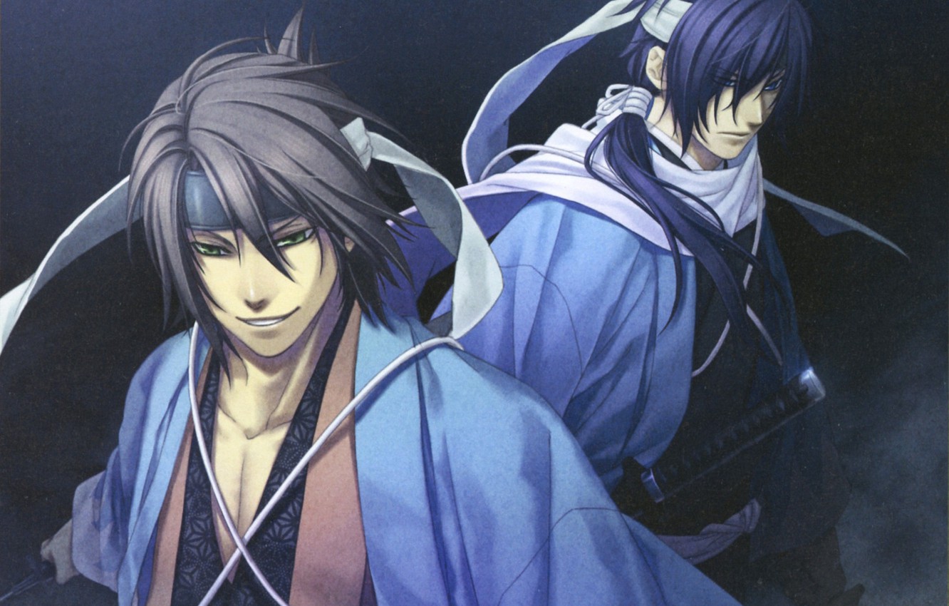 Wallpaper scarf, cloak, Japanese clothing, grin, art, samurai, demons pale cherry, hakuouki shinsengumi kitano, yone kazuki, arm, saito hajime, bandage on forehead, okita souji image for desktop, section прочее