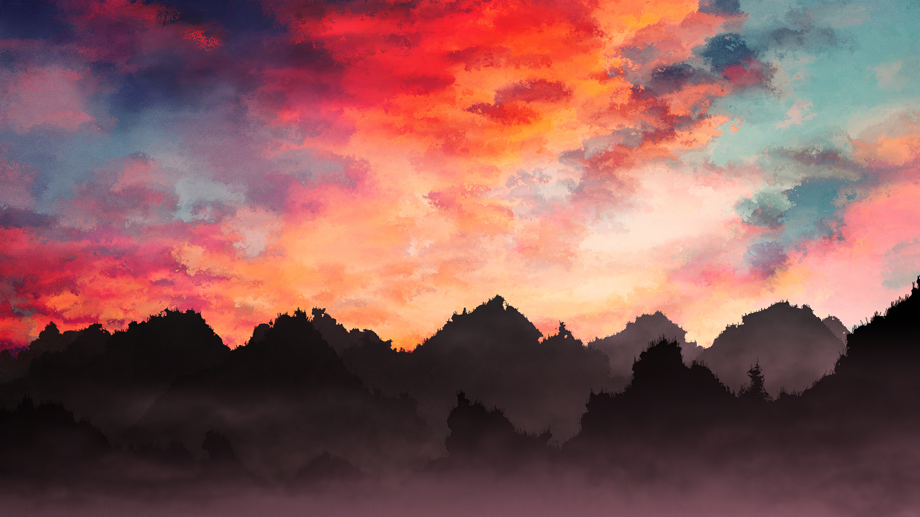 Mountains painting with mist at sunset Aesthetic Wallpaper 4k for Desktop