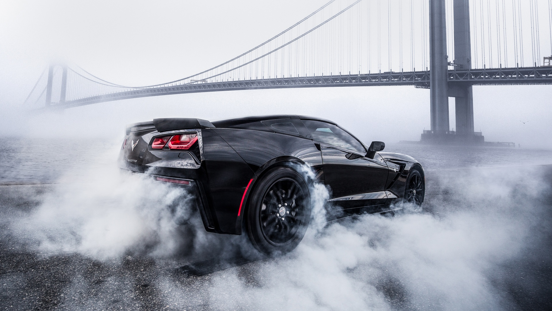 Desktop Wallpaper Smoke, Sports Car, Black Chevrolet Corvette, HD Image, Picture, Background, 433979