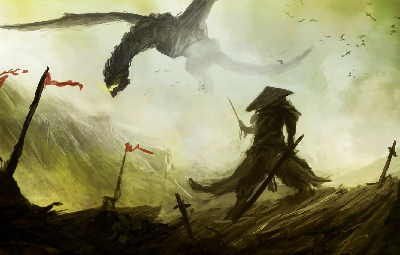 Wallpaper fiction, dragon, art, samurai, dragon, banner, samurai, battlefield image for desktop, section живопись