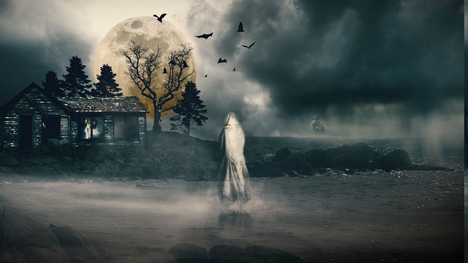 Halloween, Digital Art, Ghost, Mist, Trees, Dead Trees, Moon, Clouds, Bats,...