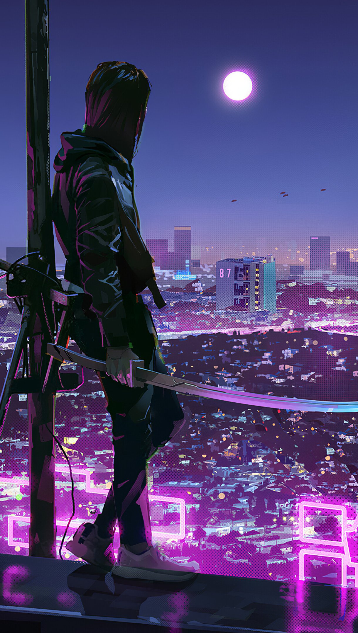 Ninja Katana Sci Fi City Neon Lights