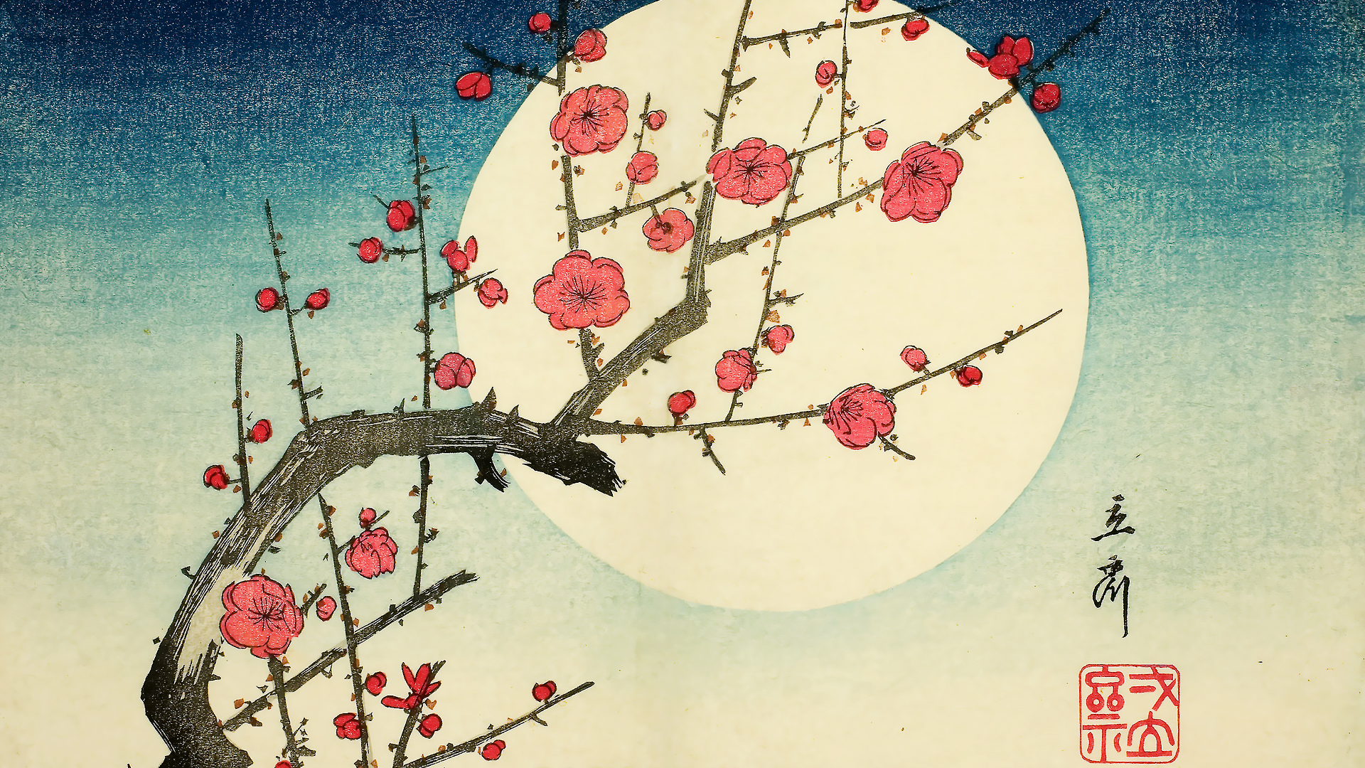 Wallpaper, Utagawa Hiroshige, flowers, traditional art, Japanese Art, woodblock print 1920x1080