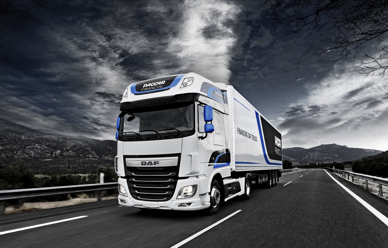 Wallpaper white, the sky, clouds, mountains, movement, tree, hills, track, the fence, DAF, tractor, DAF, Super Space Cab, the trailer, 4x2, DAF XF FT image for desktop, section грузовики