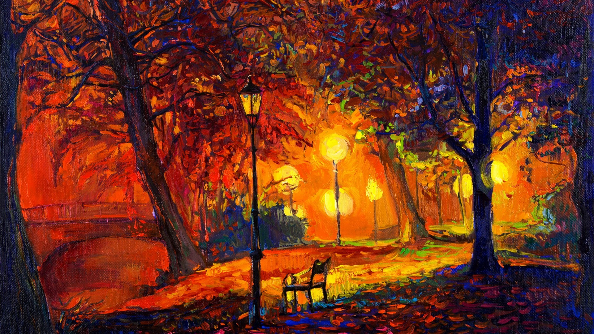 #nature, #artwork, #park, #fall, #leaves, #bench, #lamp, #trees, #painting, #modern impressionism, #digital art, wallpaper. Mocah HD Wallpaper